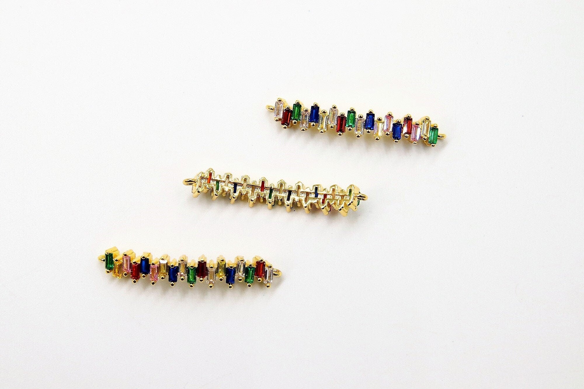 Long Bar Connector, CZ Micro Pave Gold Rainbow Bar Stick, LGBT Pride Minimalist Curved Links