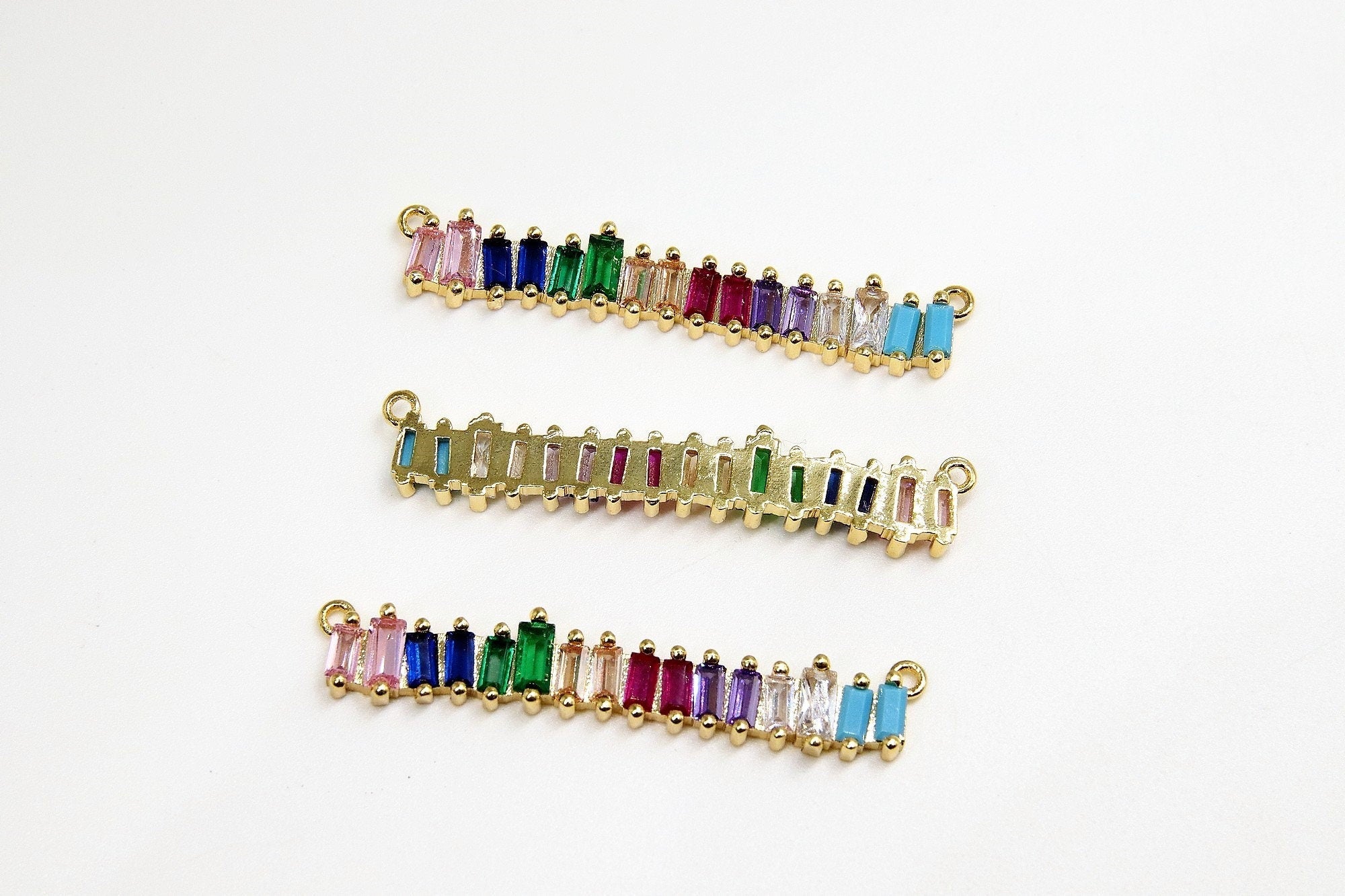 Long Bar Connector, CZ Micro Pave Gold Rainbow Bar Stick, LGBT Pride Baguette Necklace Links
