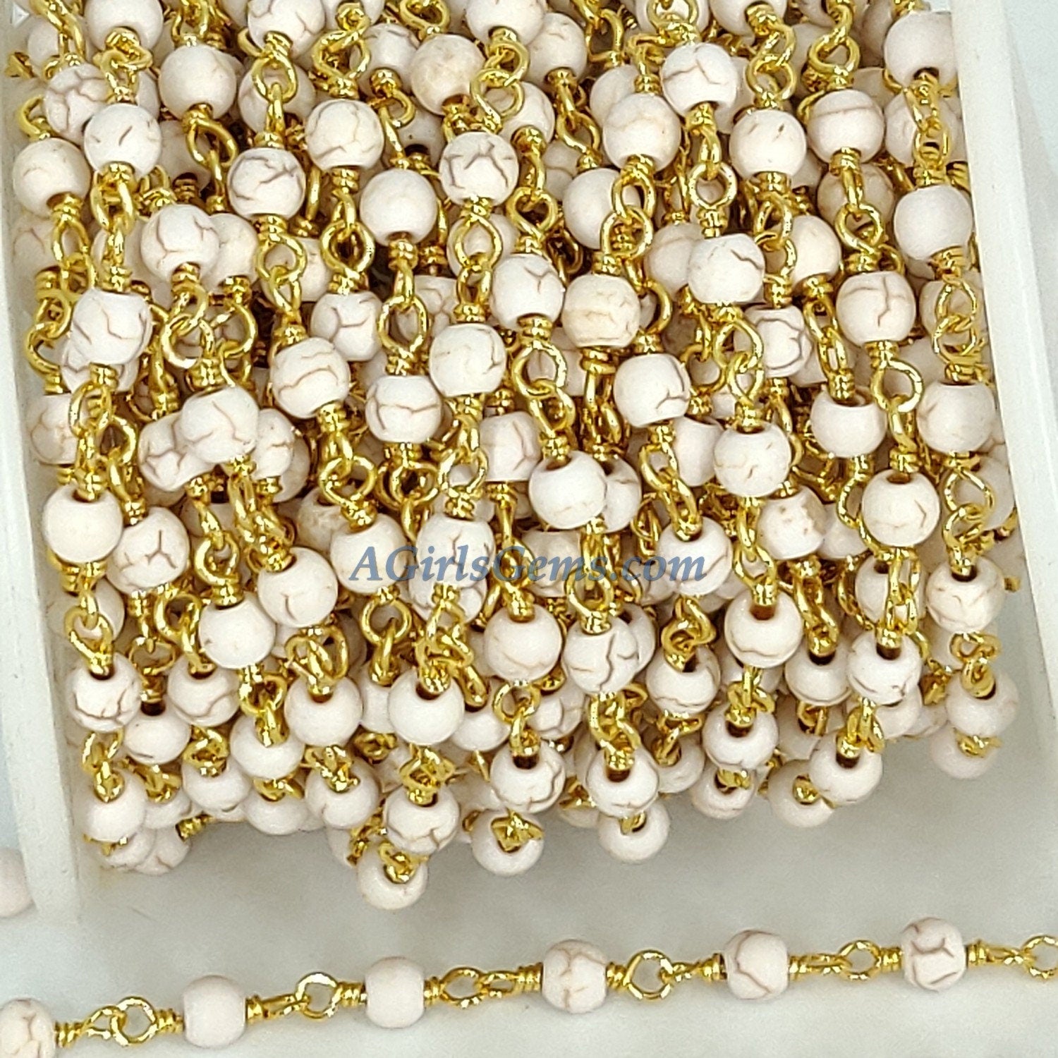 Turquoise Rosary Gold Chain, 6 mm Howlite Rosary Chain CH #364, Cream Ivory Beige Chain
