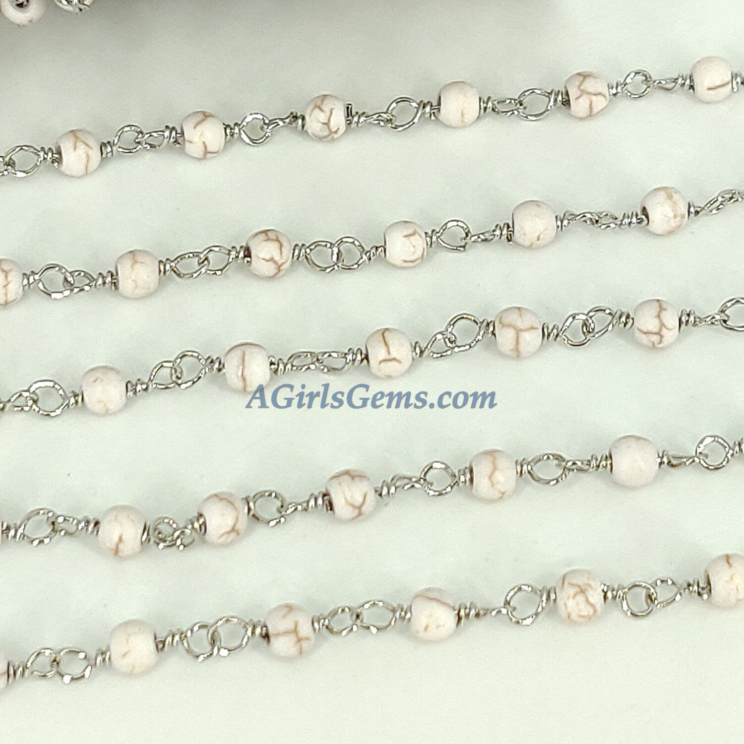 Turquoise Rosary Silver Chain, 4 mm White Cream Wire Wrapped CH #362, Rondelle Howlite Chains
