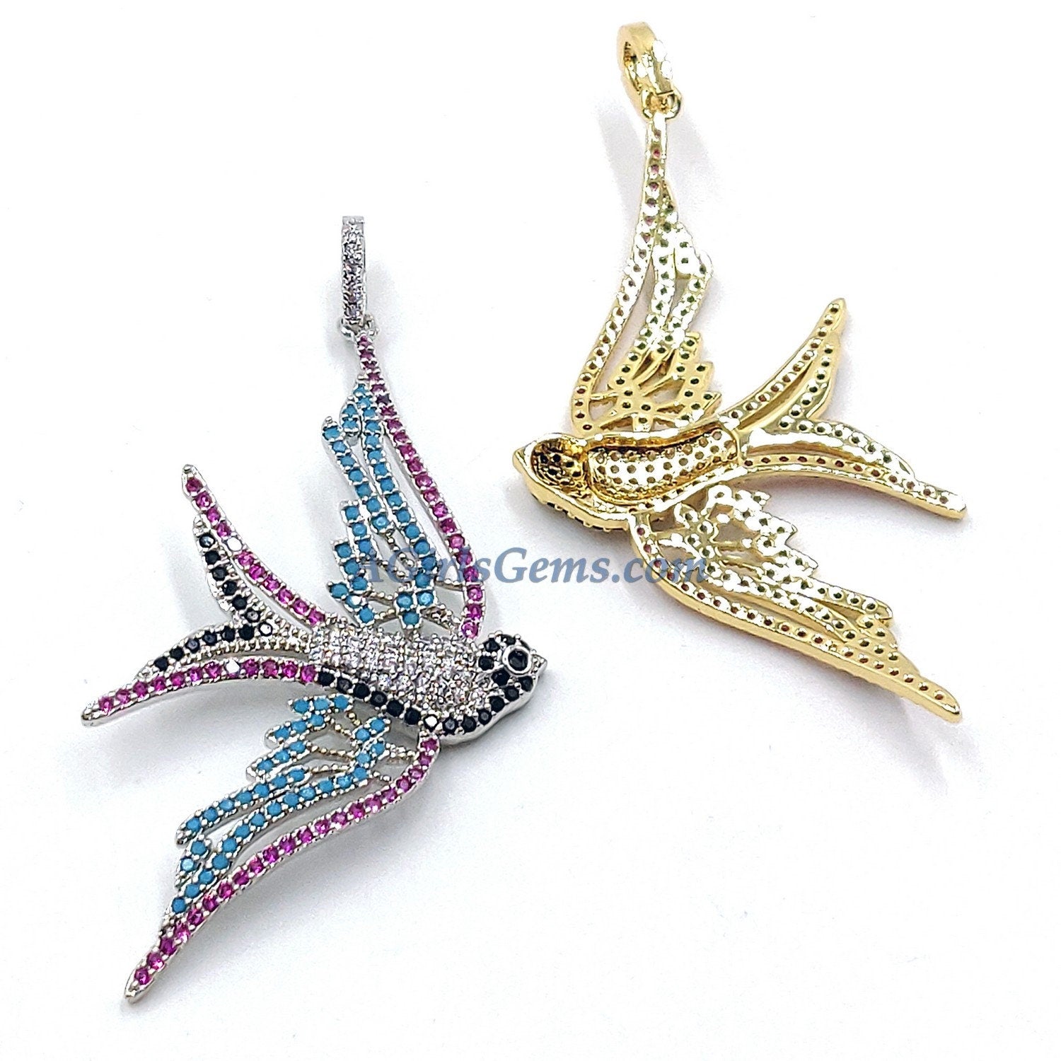 Flying Bird Pendants, Cubic Zirconia Rainbow Colors 18 K Gold/Silver Connector Beads, Blue Turquoise