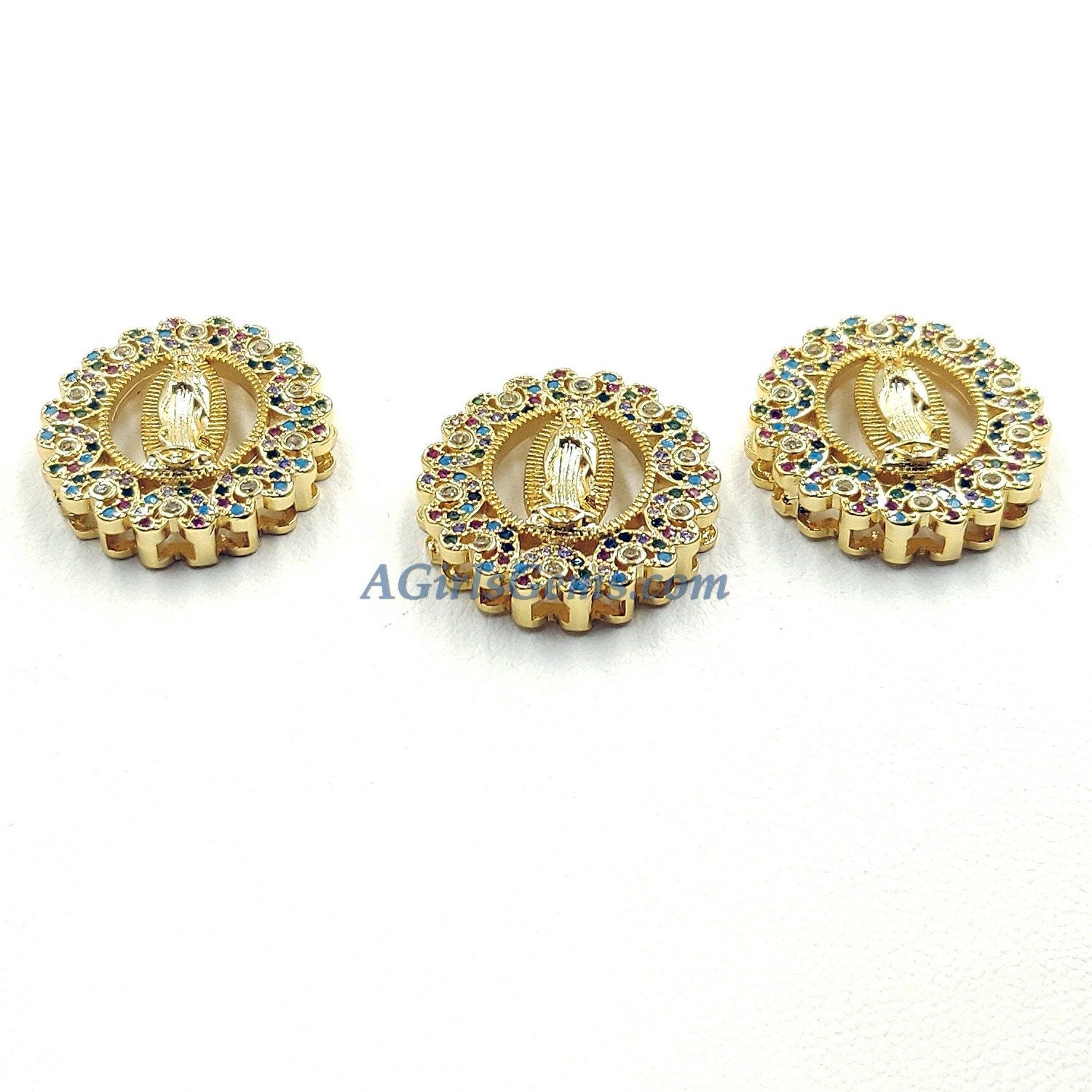Gold Jesus Virgin Mary Charms, #598, CZ Micro Pave Connector Beads or Slide Bead Pendants