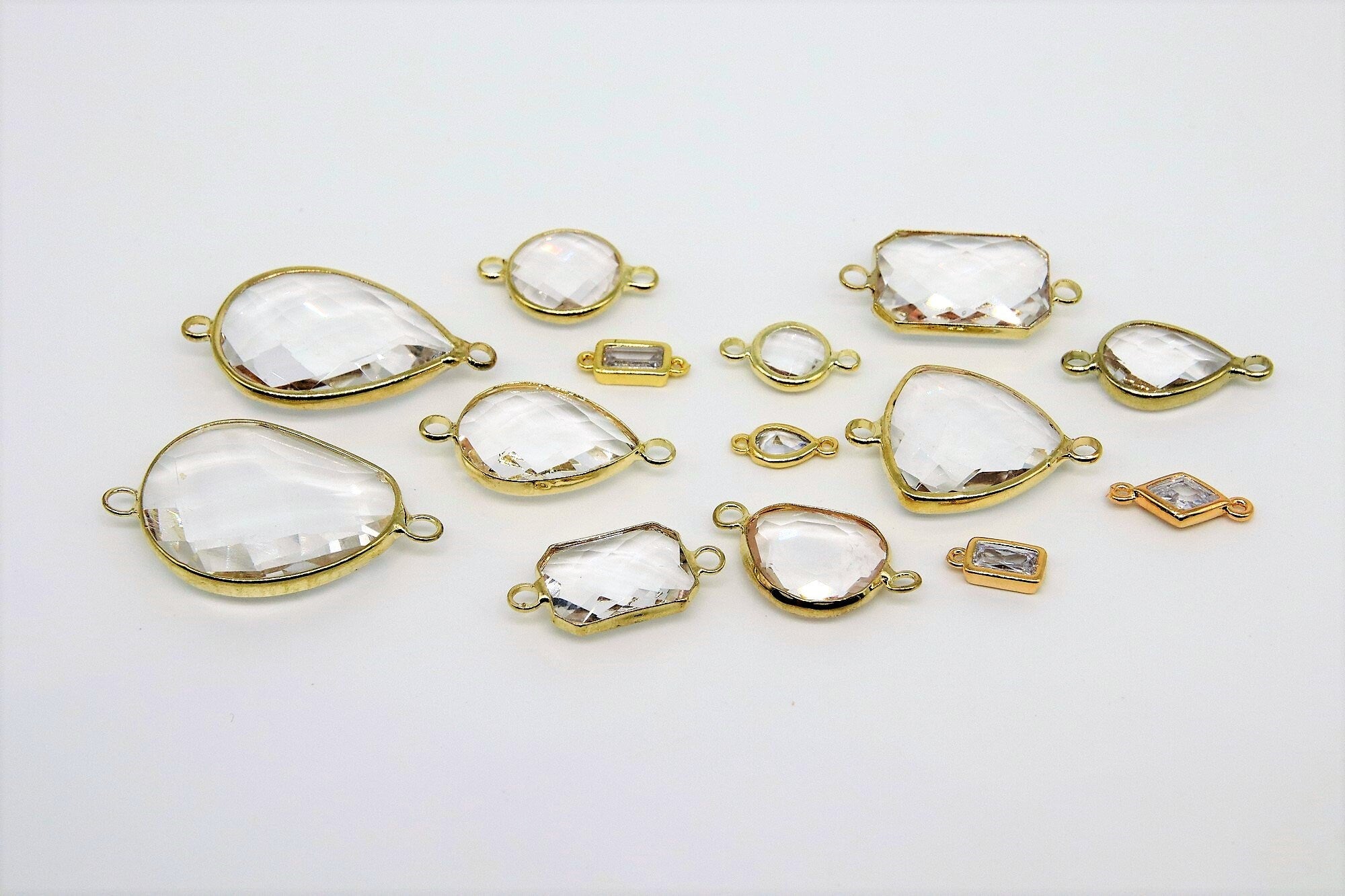 Teardrop Charm Connectors, 2 Pcs Gold Links in Rectangles, Diamond