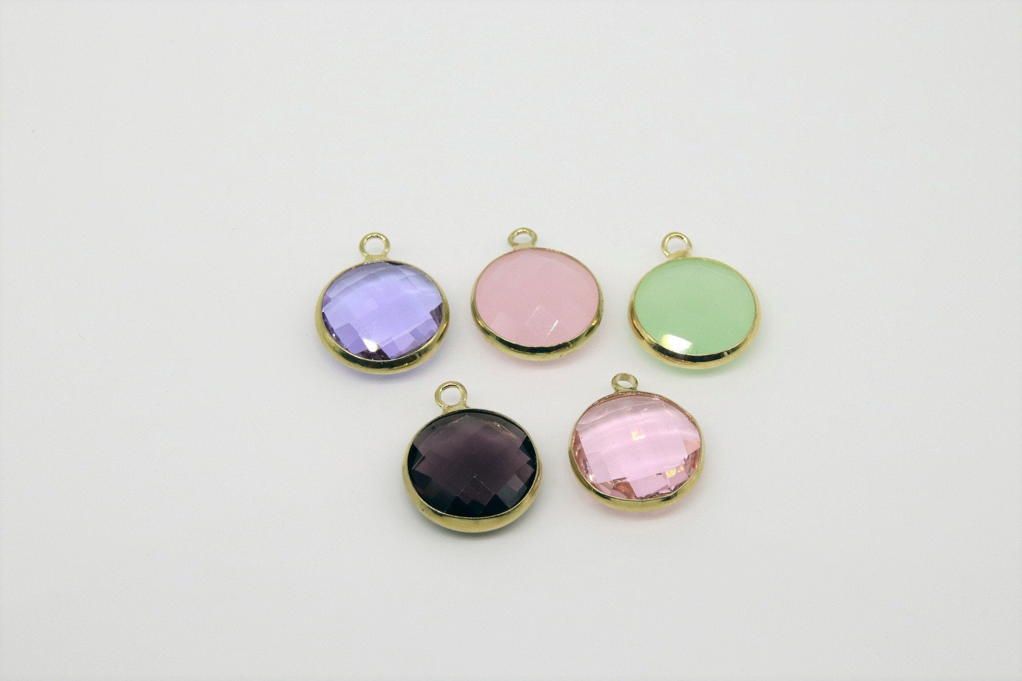 Gold Round Charm Beads, 2 Pcs Charms in Green Rose Pink, Crystal Pink