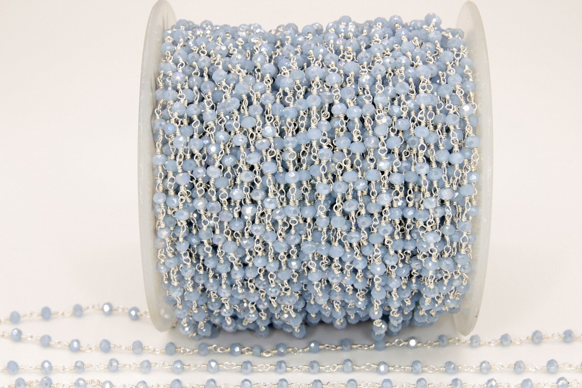 Baby Blue Chalcedony AB Rosary Gold Chain, Black or Silver Wire Wrapped Chains CH #325, 4 mm Beaded Unfinished