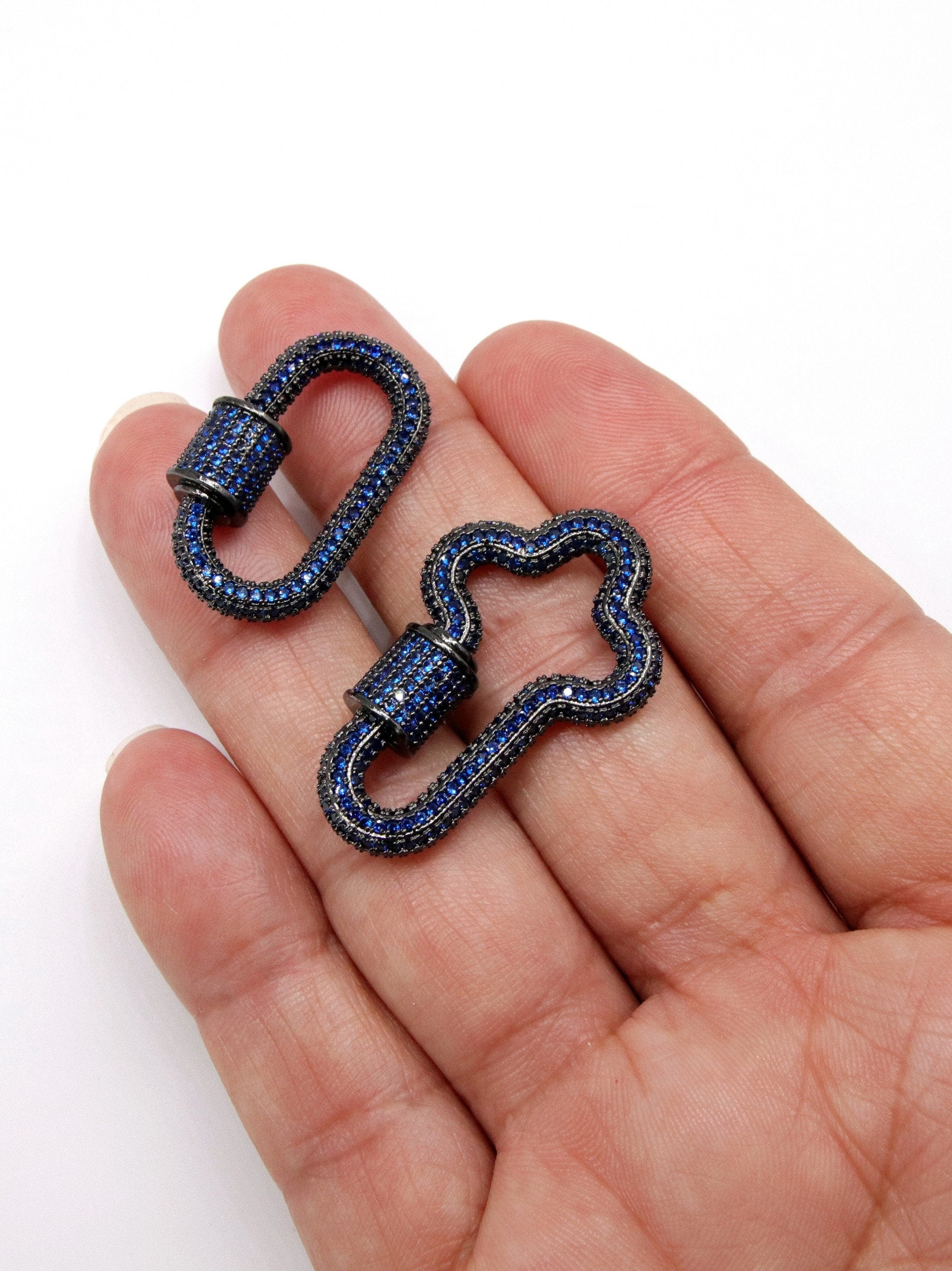 CZ Micro Pave Oval Screw Clasps, U Shape Carabiner Black, Rainbow