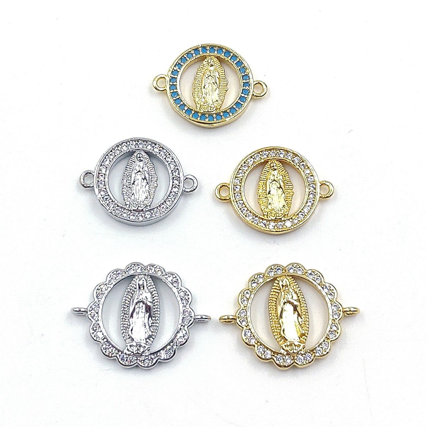 CZ Micro Gold Jesus Blessed Mother Mary Connectors, Silver Blue Turquoise #493, Round Disc Bracelet Jewelry