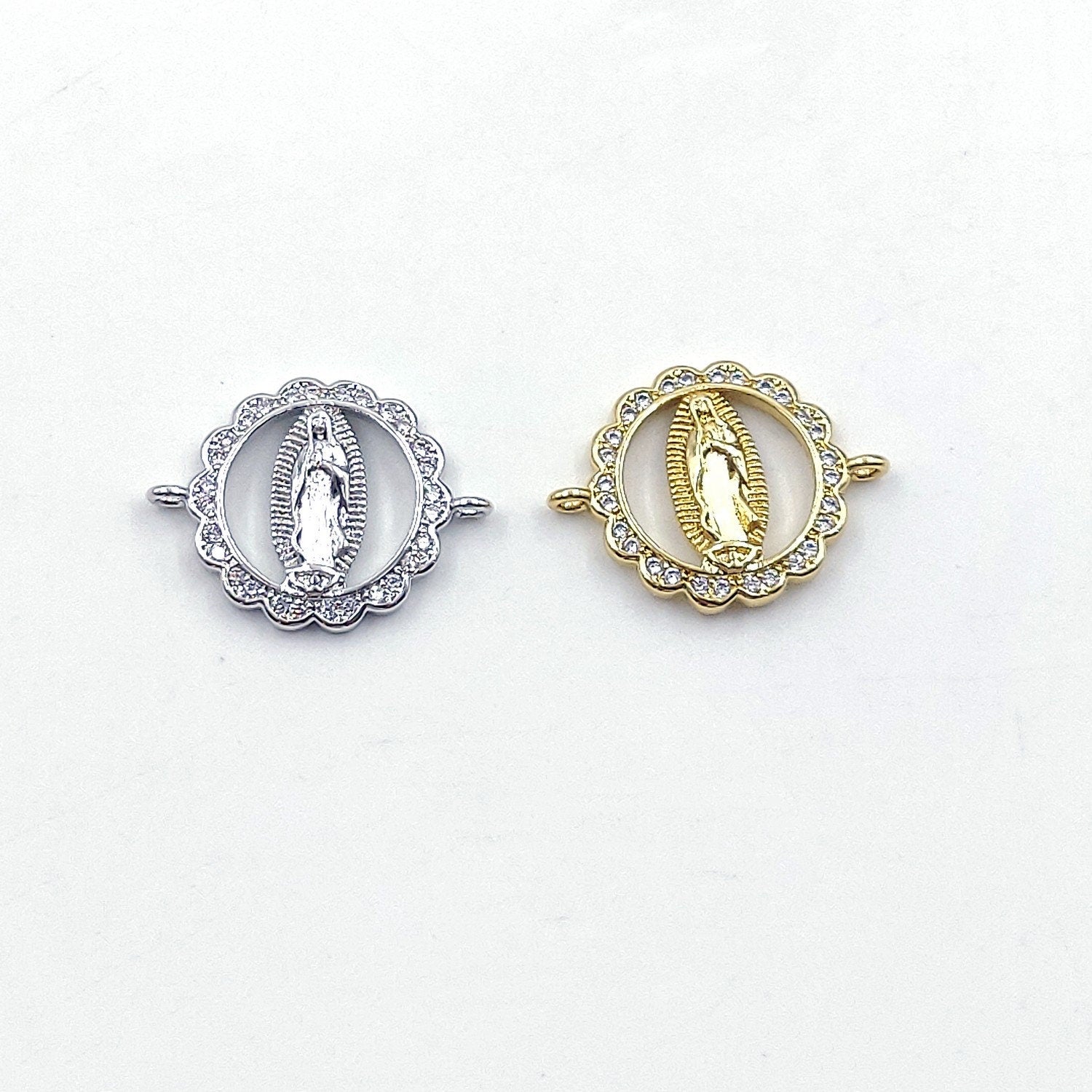 CZ Micro Gold Jesus Blessed Mother Mary Connectors, Silver Blue Turquoise #493, Round Disc Bracelet Jewelry