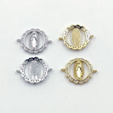 CZ Micro Pave Gold Jesus Blessed Mother Mary Connectors #492, Religious Beads, Catholic Silver Gold Plated Round Disc Bracelet Jewelry