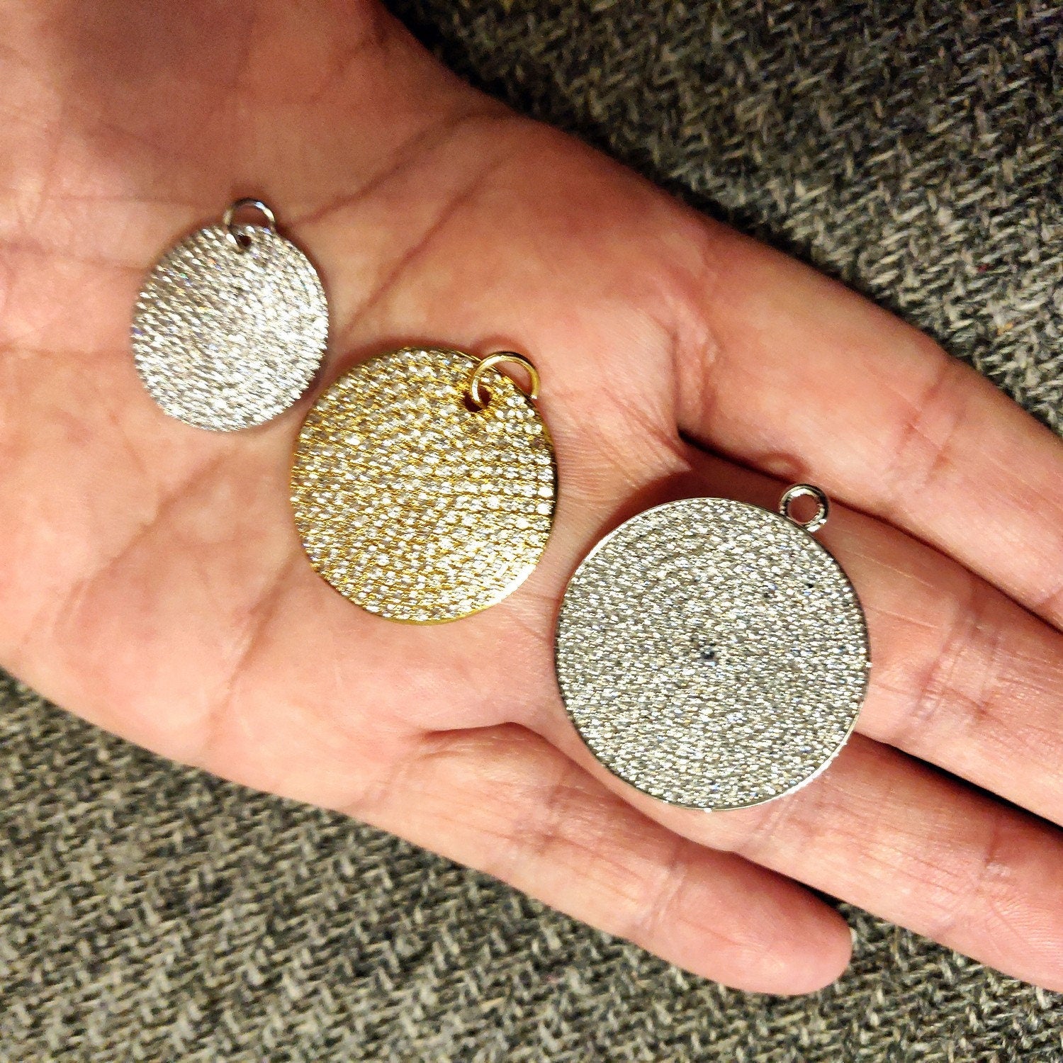 Large Round Disc Pendant, AG 159, CZ Micro Pave 28 mm Gold or Black Rhodium