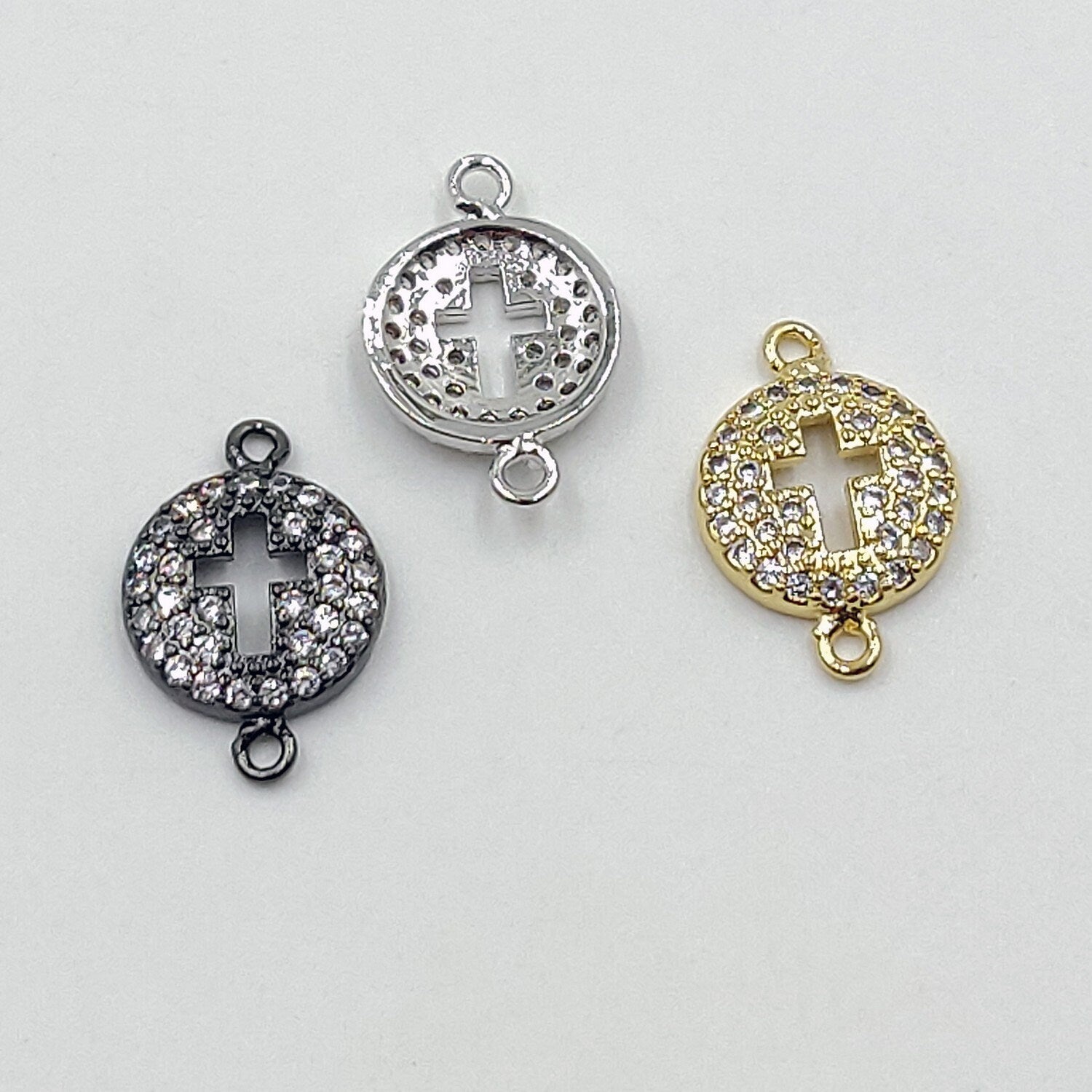 CZ Micro Pave Cross Connector Beads, 11 x 16 mm Cubic Zirconia Spacer Links Focal, Gold or Silver Plated Charm