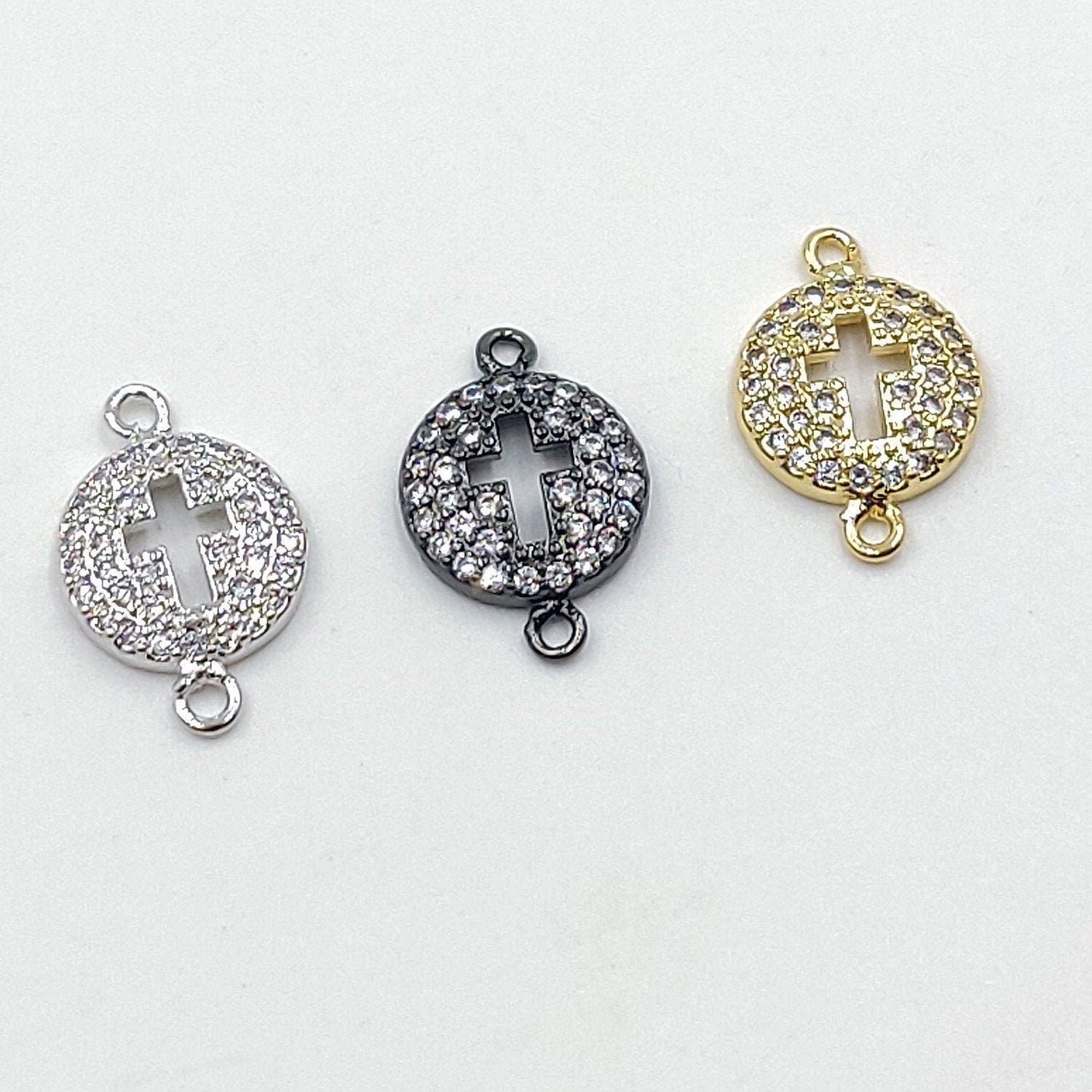 CZ Micro Pave Cross Connector Beads, 11 x 16 mm Cubic Zirconia Spacer Links Focal, Gold or Silver Plated Charm