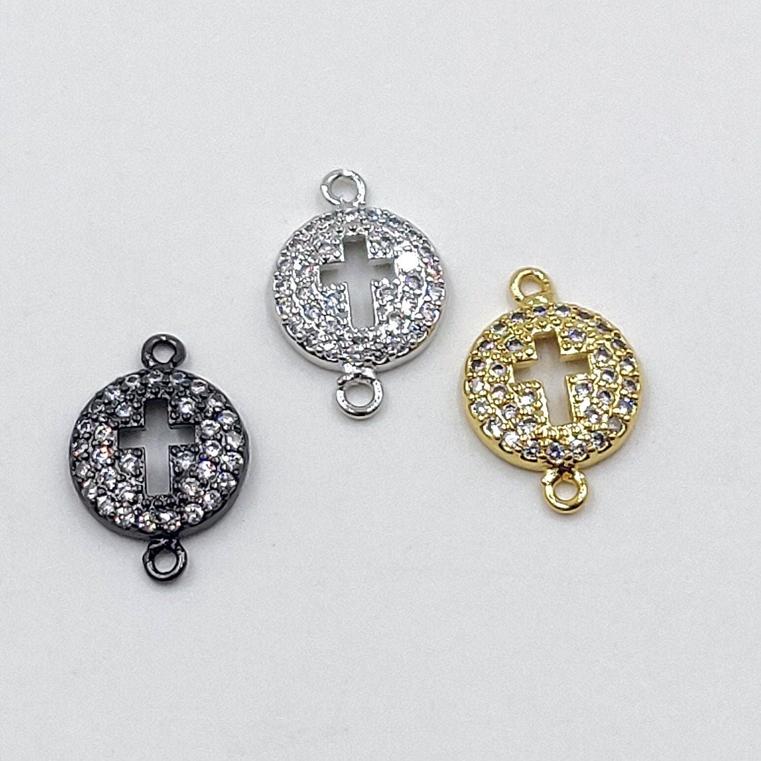 CZ Micro Pave Cross Connector Beads, 11 x 16 mm Cubic Zirconia Spacer Links Focal, Gold or Silver Plated Charm