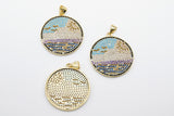CZ Micro Pave Beach Scene Pendant, Gold Tropical Ocean Waves #878, Birds