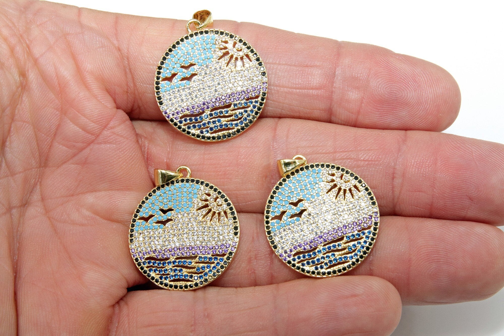 CZ Micro Pave Beach Scene Pendant, Gold Tropical Ocean Waves #878, Birds