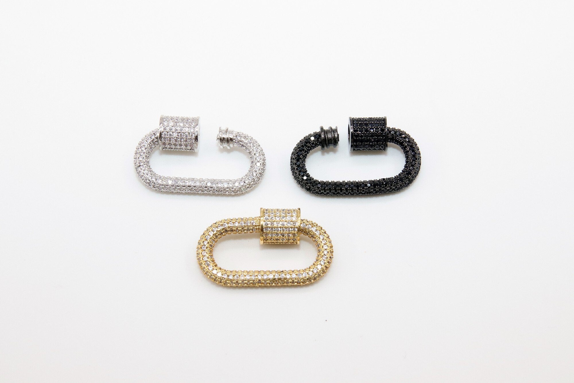 CZ Micro Pave Oval Screw Clasps, Large Connector Carabiner Silver, Black