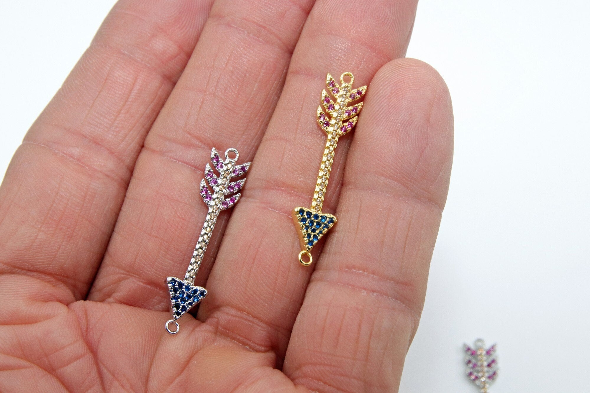 CZ Micro Pave Arrow Connectors, Gold, Silver Arrowhead Rainbow Cubic Zirconia