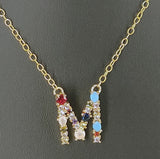 Rainbow Initial Necklace, Gold Filled Dainty Alphabet Necklace, Multi Colored CZ Crystals Turquoise Blue for Teens