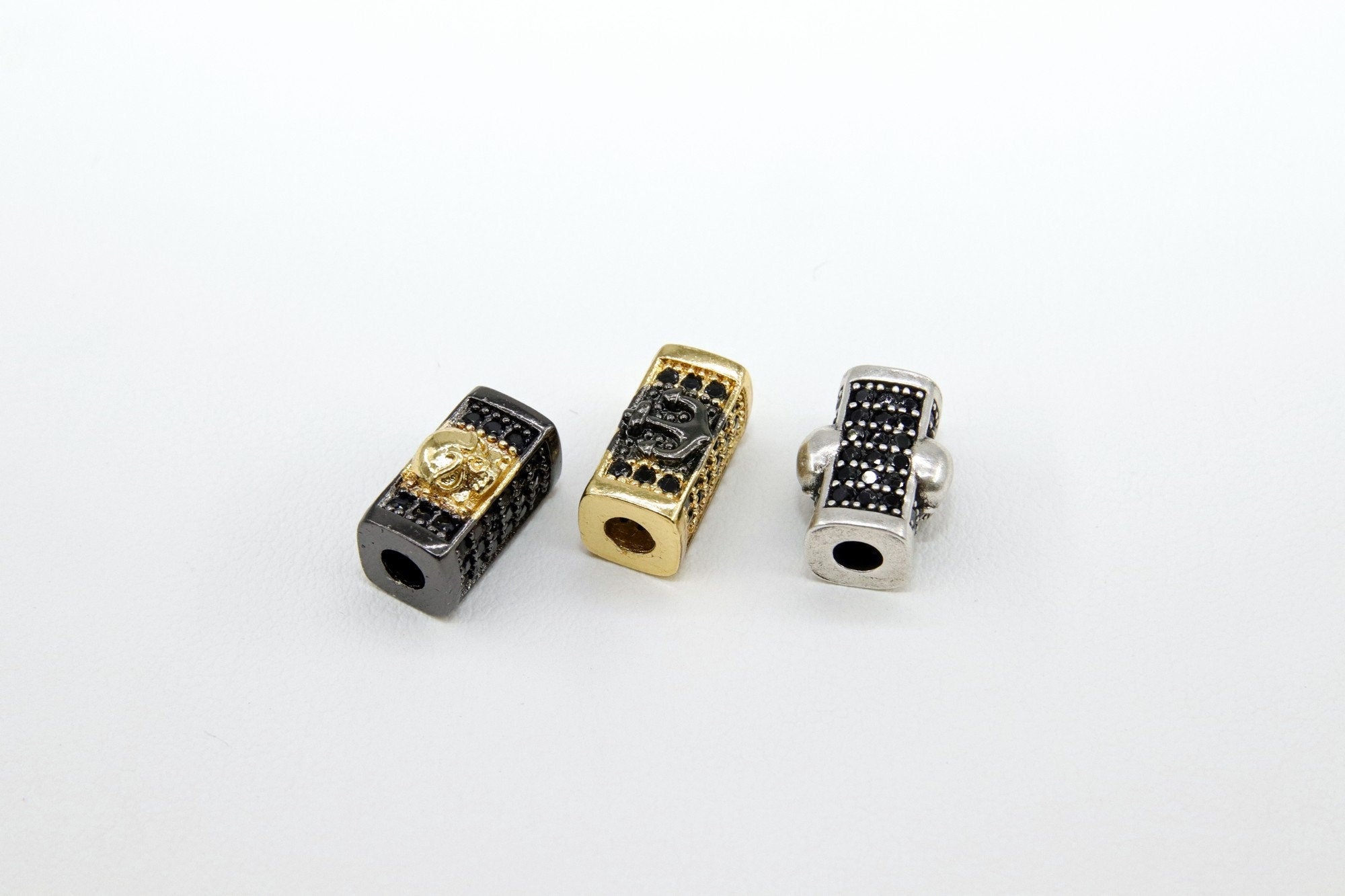 CZ Micro Pave Skull Head Rectangle Beads, Anchor Gold Black Pave Bracelet Beads, Square Spacers for Men's Jewelry Findings