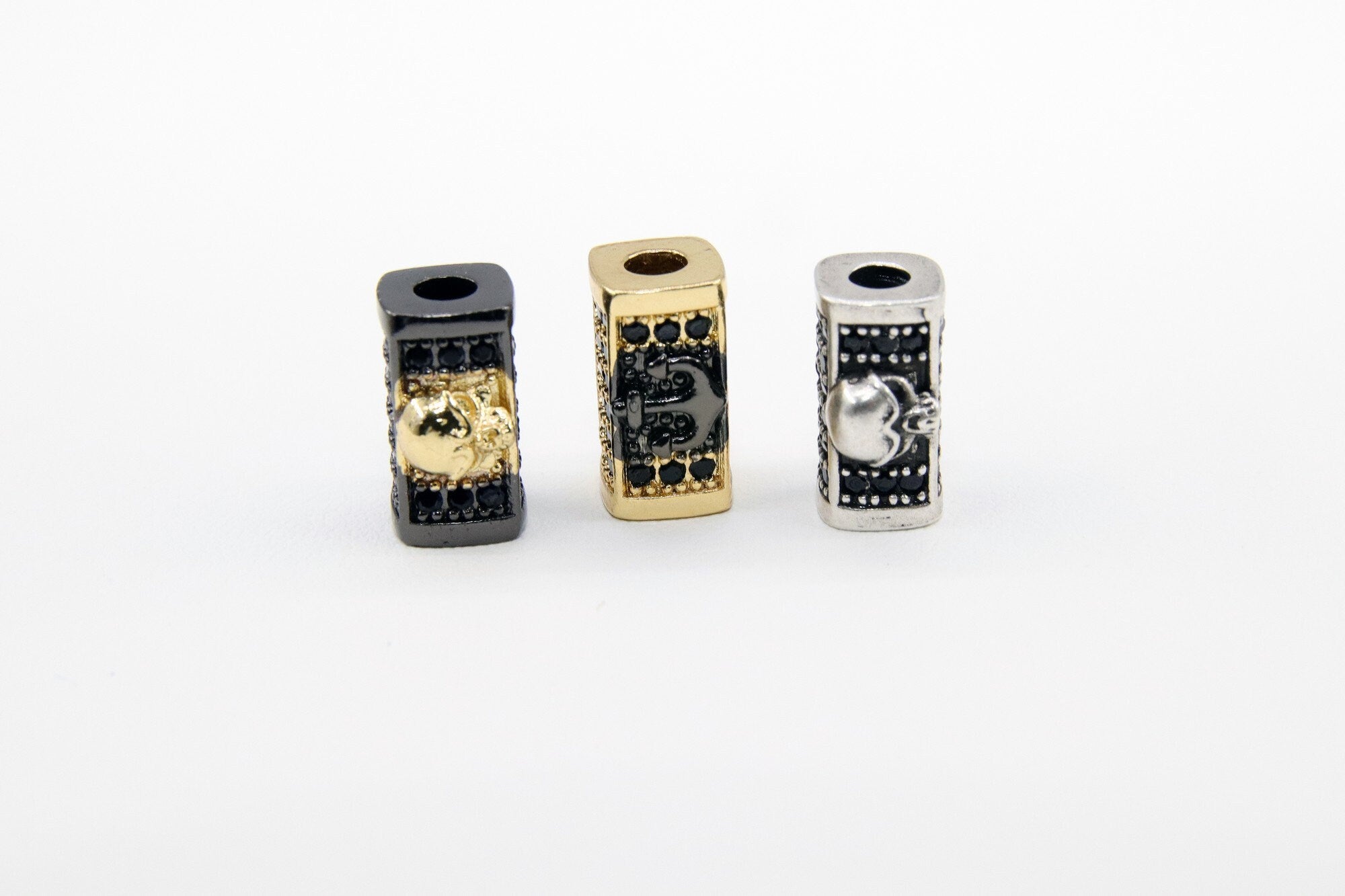CZ Micro Pave Skull Head Rectangle Beads, Anchor Gold Black Pave Bracelet Beads, Square Spacers for Men's Jewelry Findings
