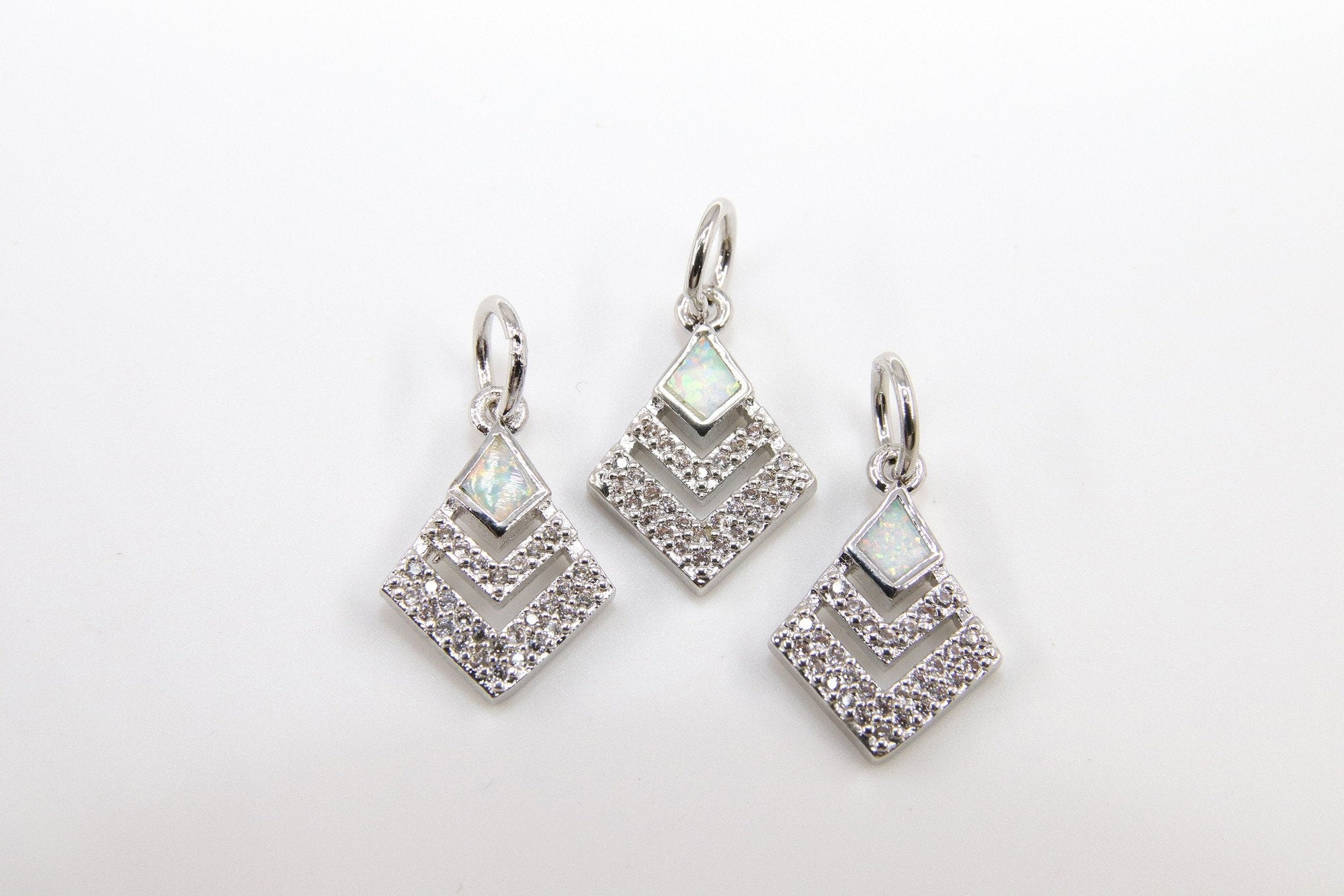 CZ Micro Pave Diamond Charm, White Opal Black, Gold Pendants