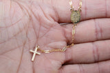 14 K Gold Cross Rosary Necklace, Virgin Mary Rosary Sequin Chain Necklace, Religious Dainty Medallion