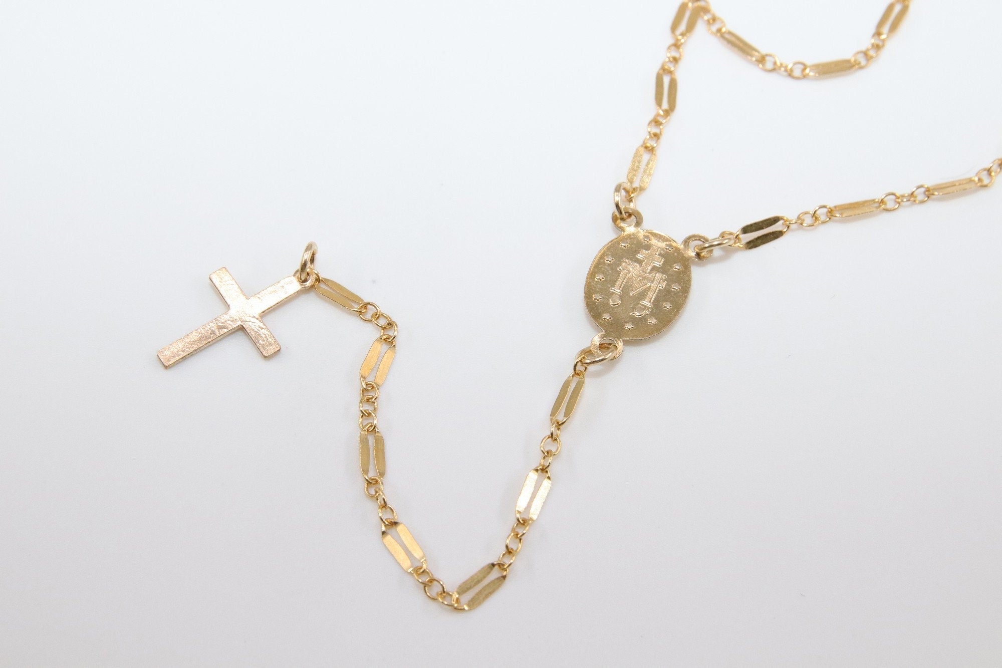 14 K Gold Cross Rosary Necklace, Virgin Mary Rosary Sequin Chain Necklace, Religious Dainty Medallion