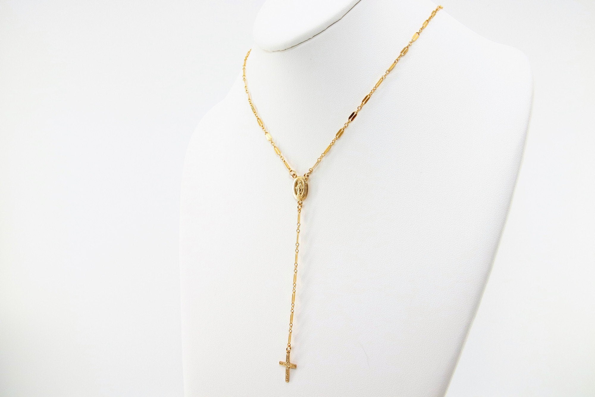 14 K Gold Cross Rosary Necklace, Virgin Mary Rosary Sequin Chain Necklace, Religious Dainty Medallion