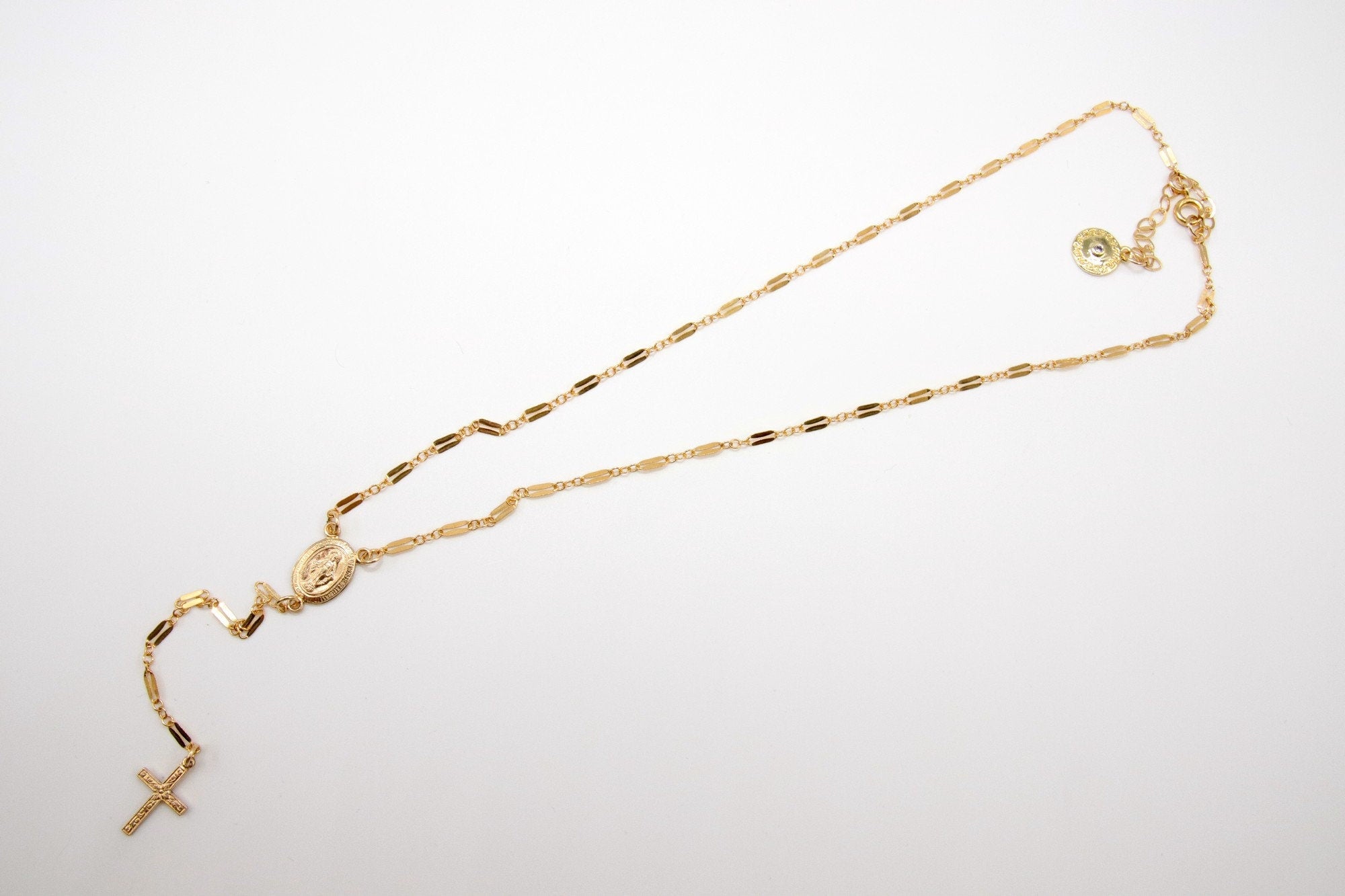 14 K Gold Cross Rosary Necklace, Virgin Mary Rosary Sequin Chain Necklace, Religious Dainty Medallion