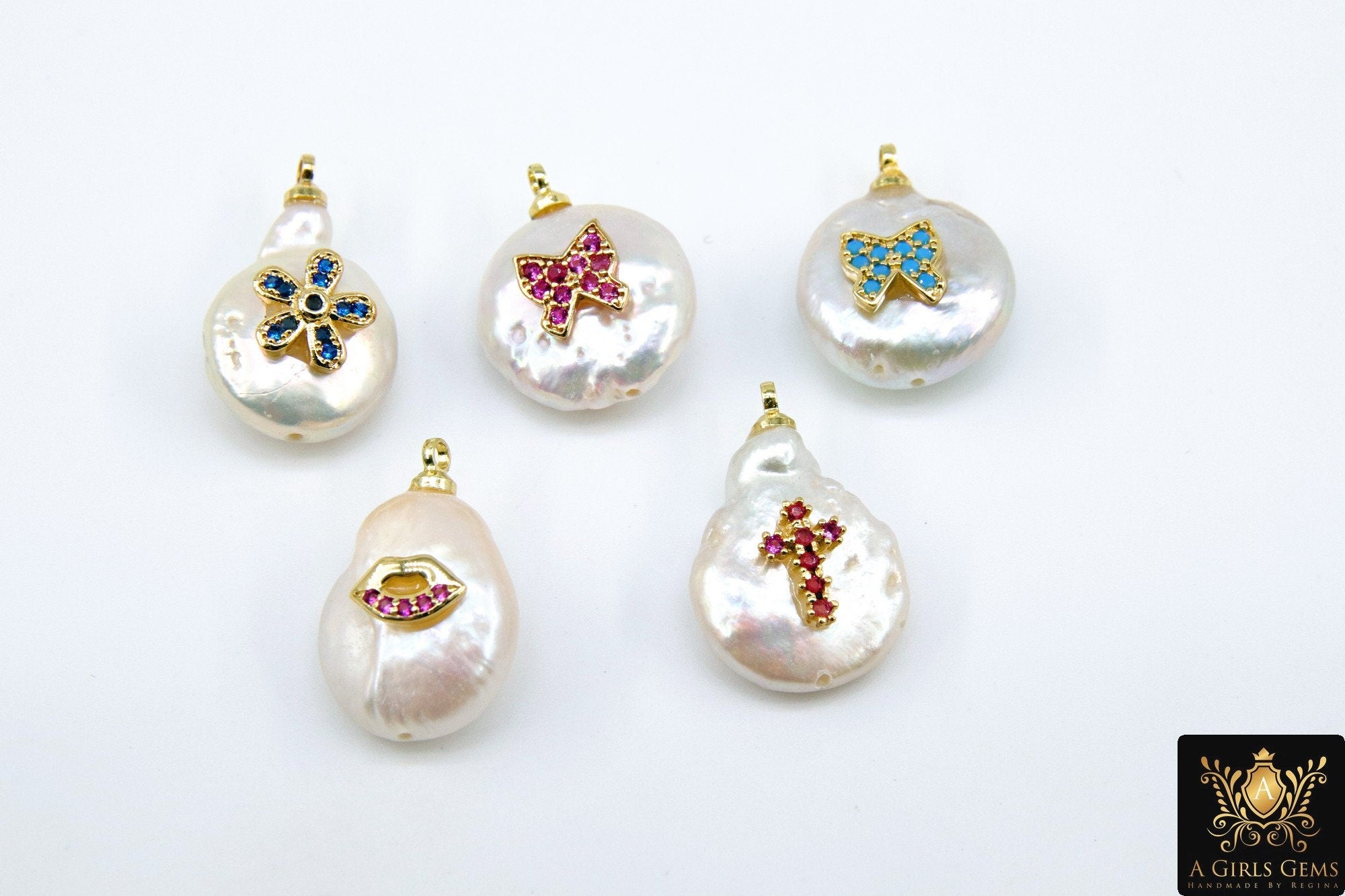 CZ Micro Pave Pearl Charms, Colorful Freshwater Pearls Cross, AG 923