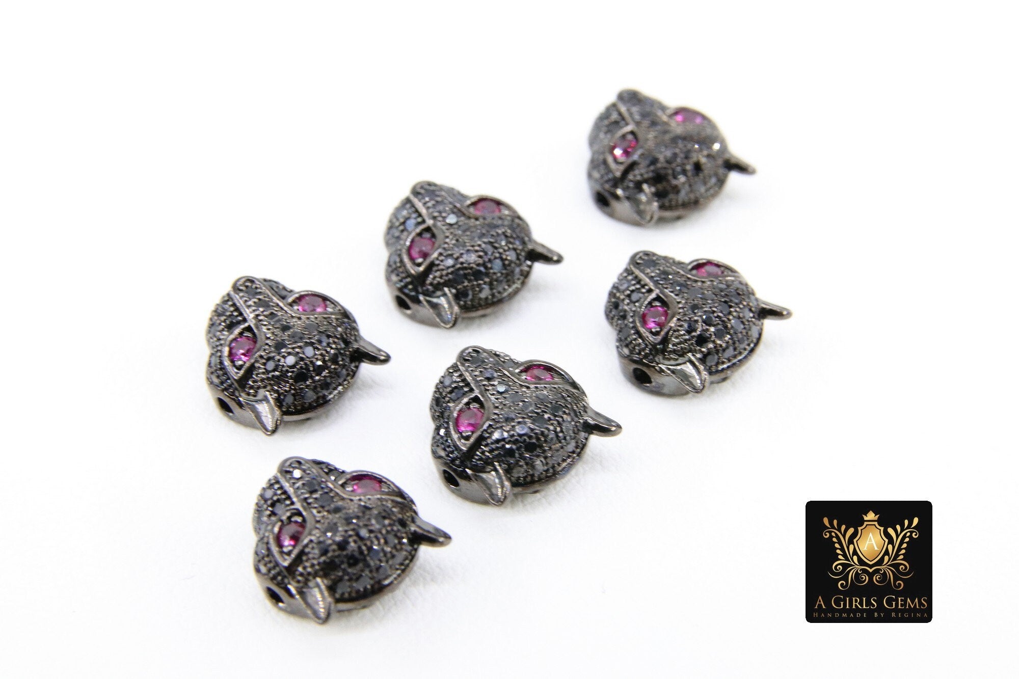 CZ Micro Pave Panther Head Bead Charm: Black Pave, Pink Eyes