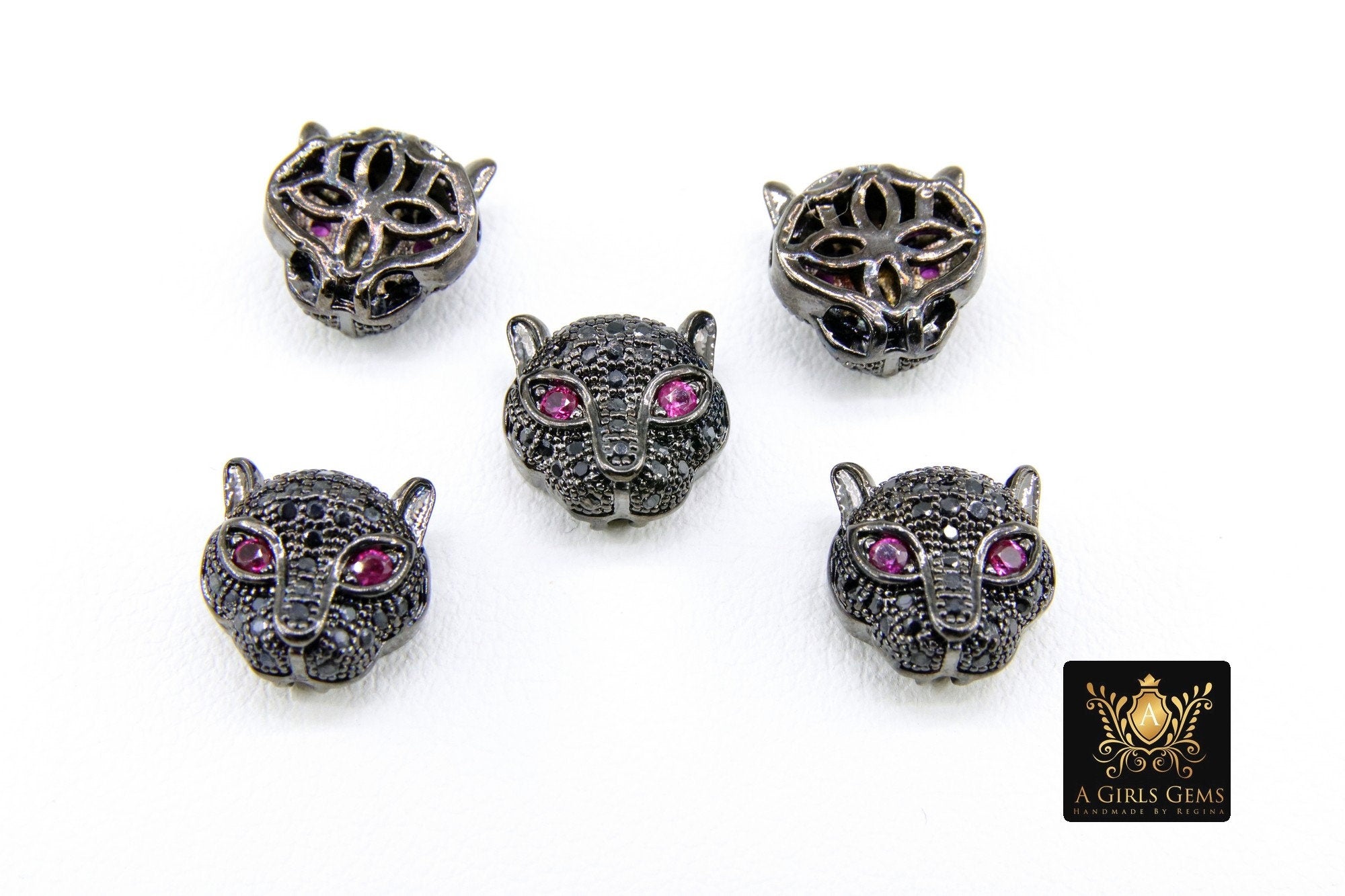 CZ Micro Pave Panther Head Bead Charm: Black Pave, Pink Eyes