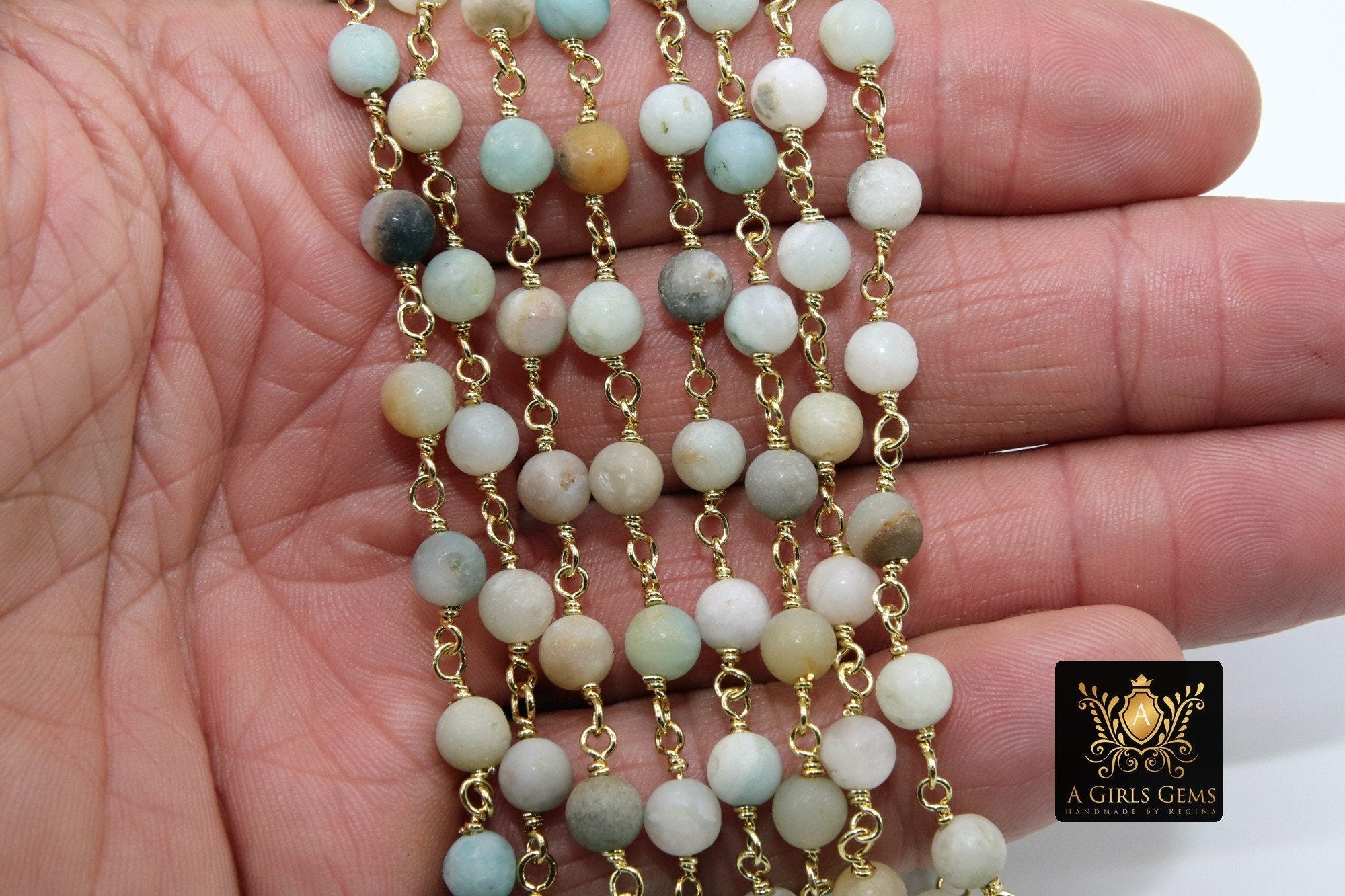 Natural Amazonite Rosary Chain, 4 mm Gold Wire Wrapped CH #354, Blue Stone Rosary Chain