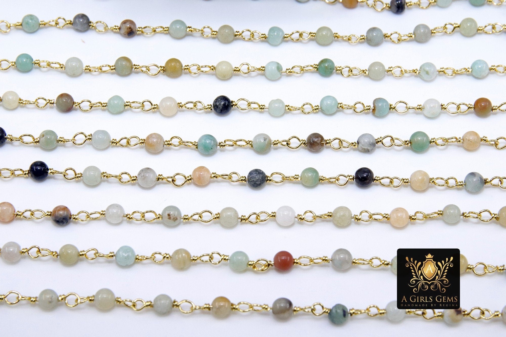Natural Amazonite Rosary Chain, 4 mm Gold Wire Wrapped CH #354, Blue Stone Rosary Chain