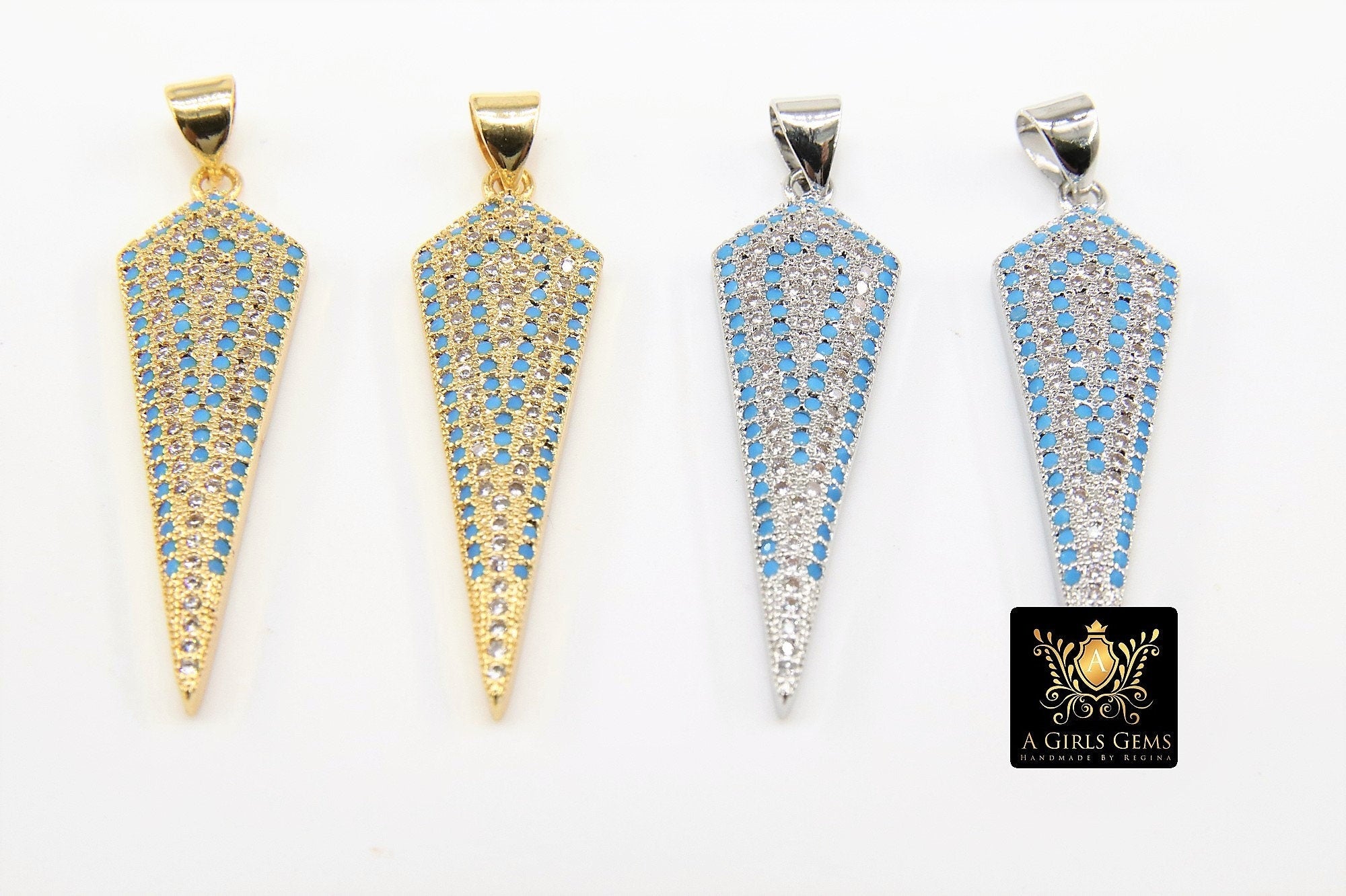 CZ Pave Arrowhead Charm, Blue Turquoise Gold, Silver Boho Triangle Arrow Spike Points #415