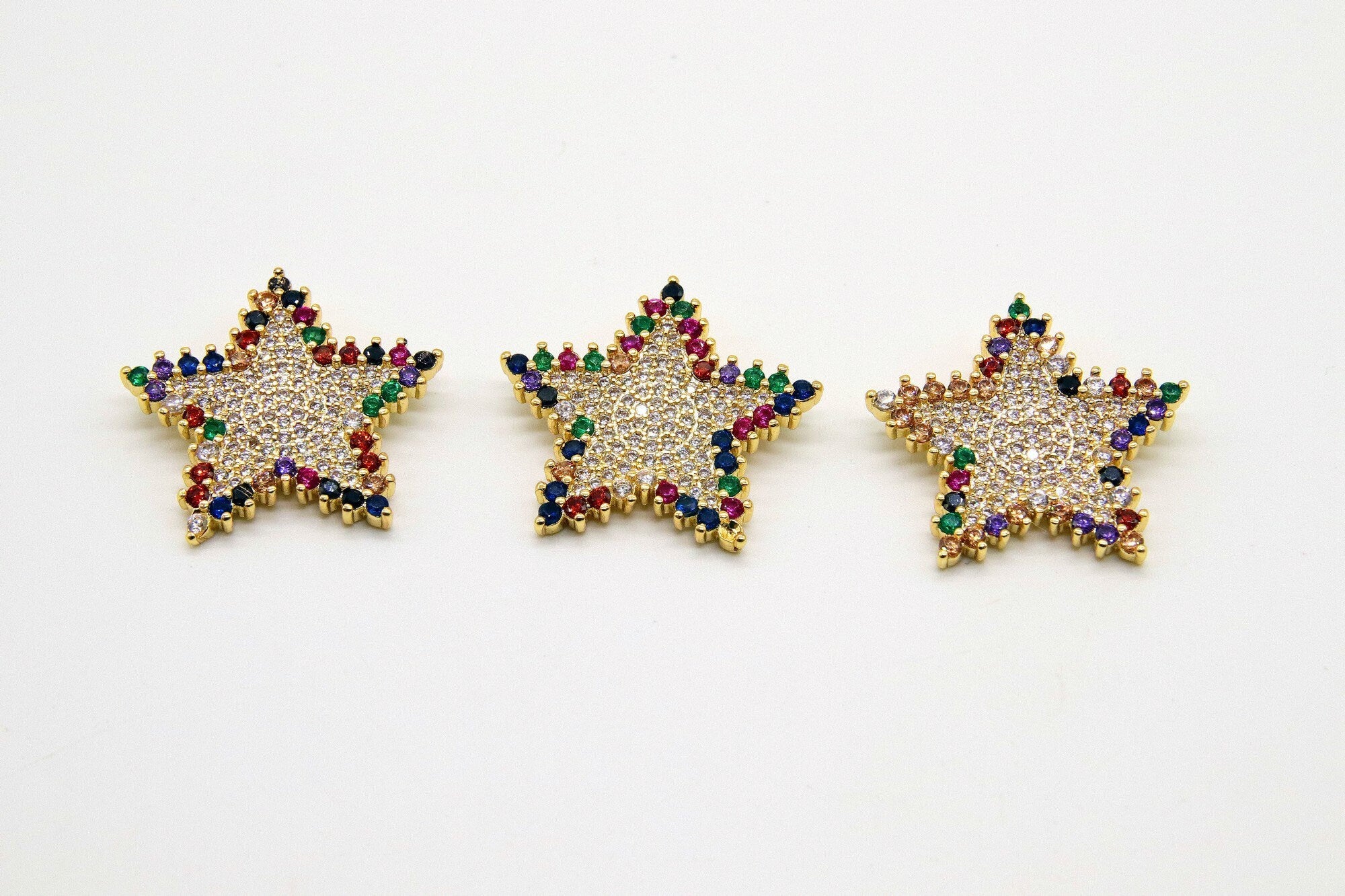 CZ Micro Pave Rainbow Star Charms, Gold CZ Starburst Pendants, 25 mm Stars