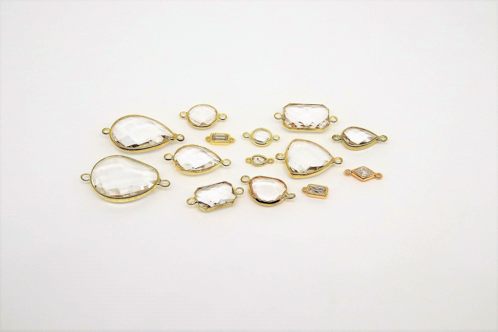 Teardrop Charm Connectors, 2 Pcs Clear Silver Links in Rectangles, Diamond