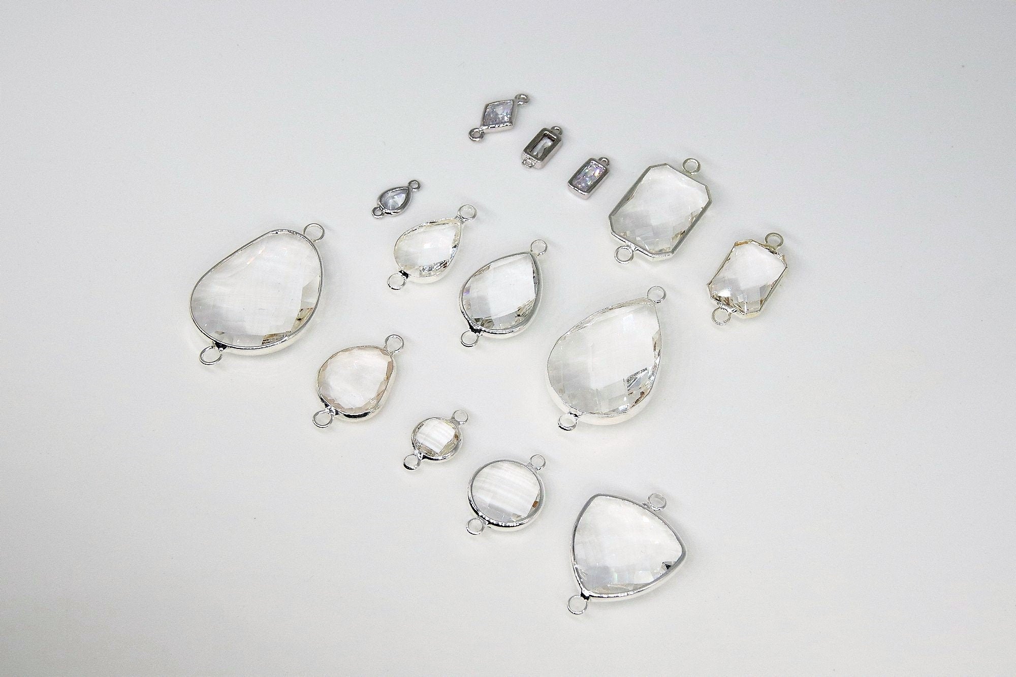 Teardrop Charm Connectors, 2 Pcs Clear Silver Links in Rectangles, Diamond