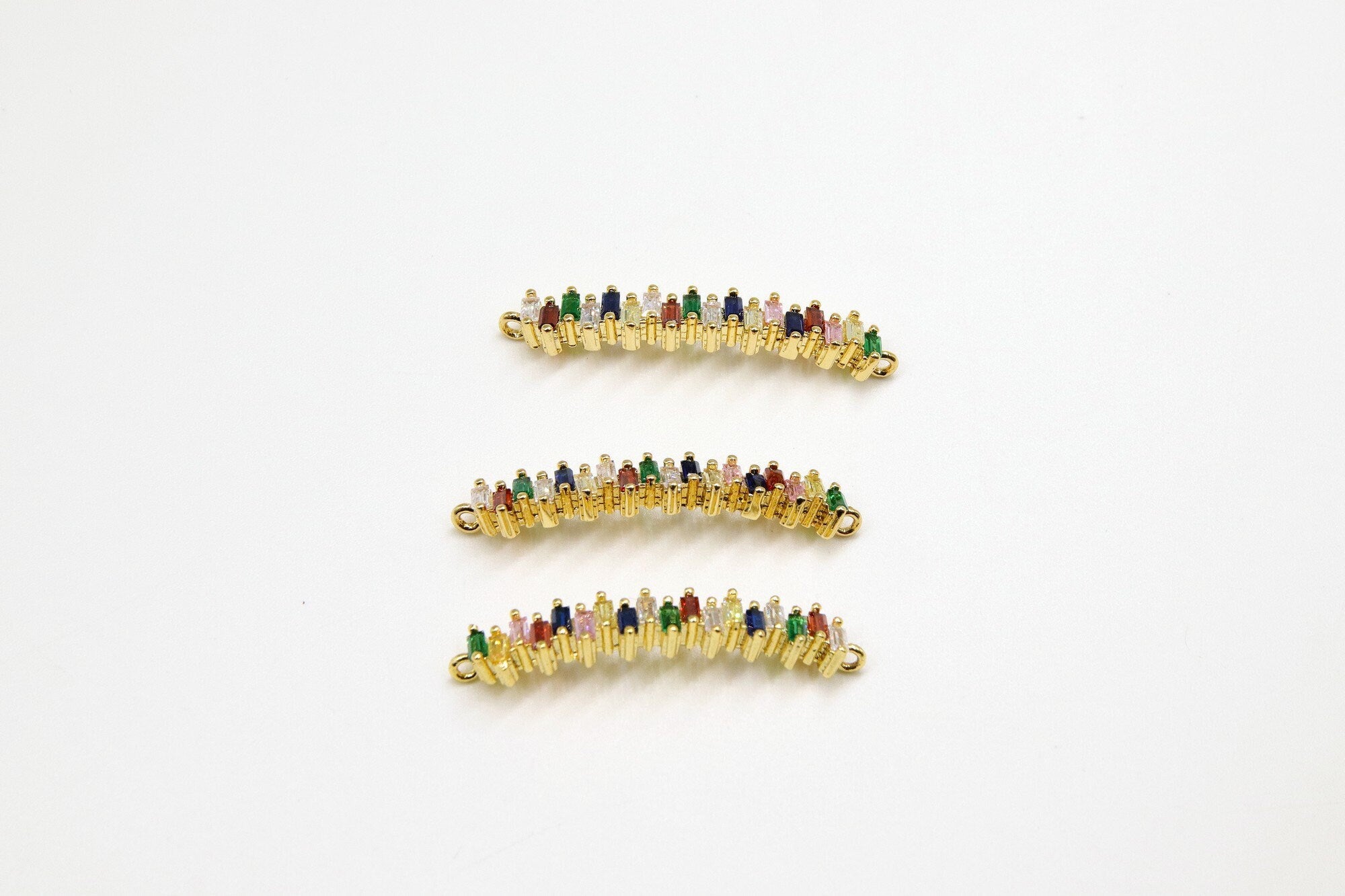 Long Bar Connector, CZ Micro Pave Gold Rainbow Bar Stick, LGBT Pride Minimalist Curved Links