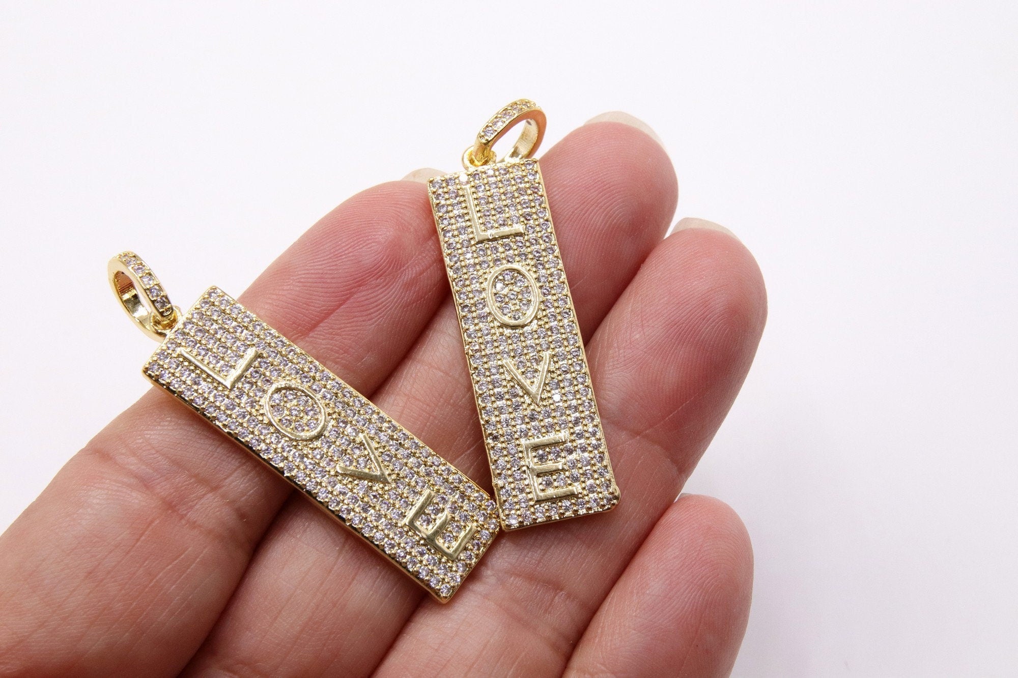 CZ Micro Pave Love Words Charms, Gold Rectangle Oblong Rectangle Pendants #558, Inspirational Dog Tags Long Stick Bar for Necklace Earrings