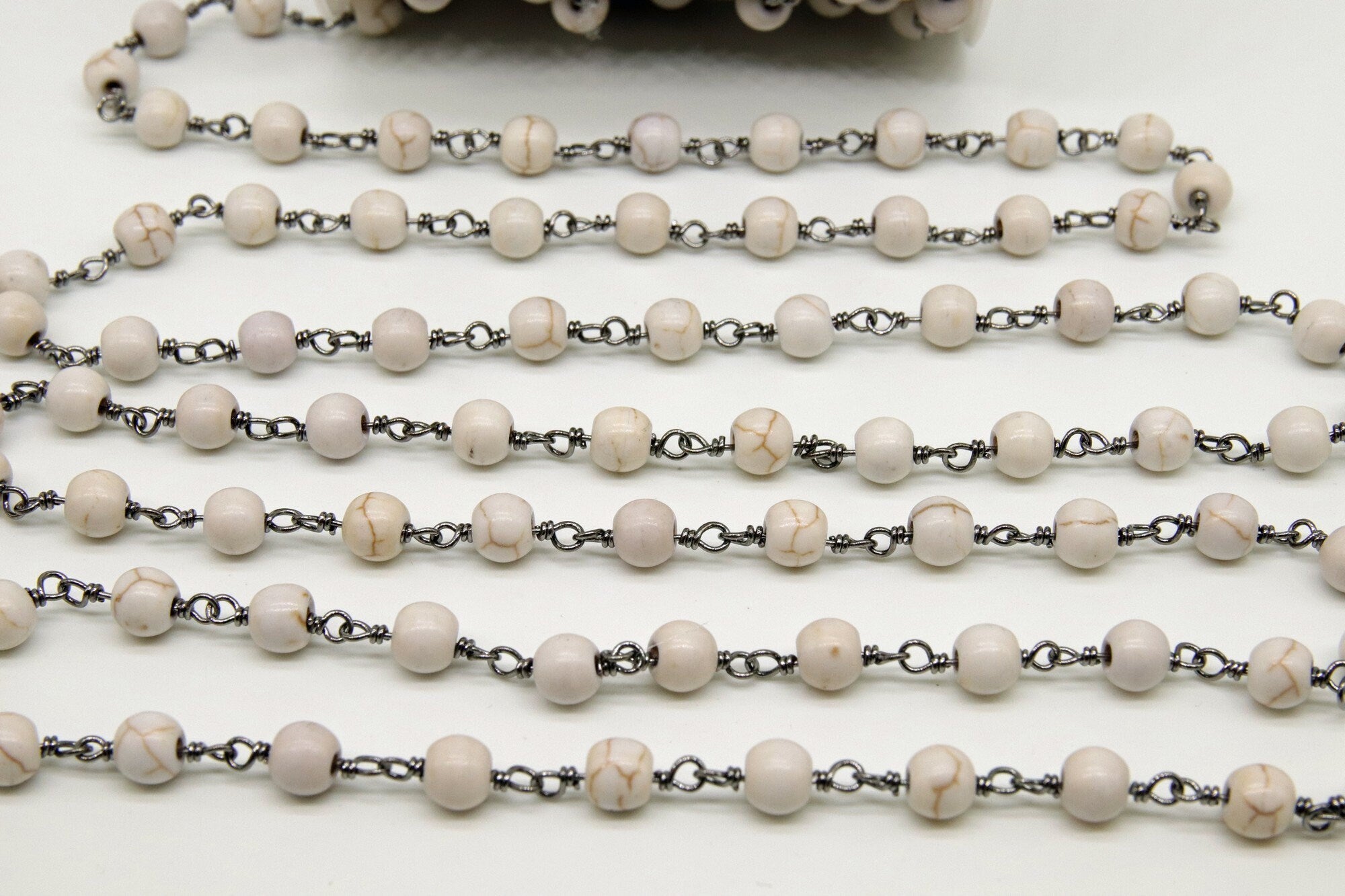 Turquoise Rosary Black Chain, 6 mm White Howlite Chain CH #365, Silver Wire Wrapped