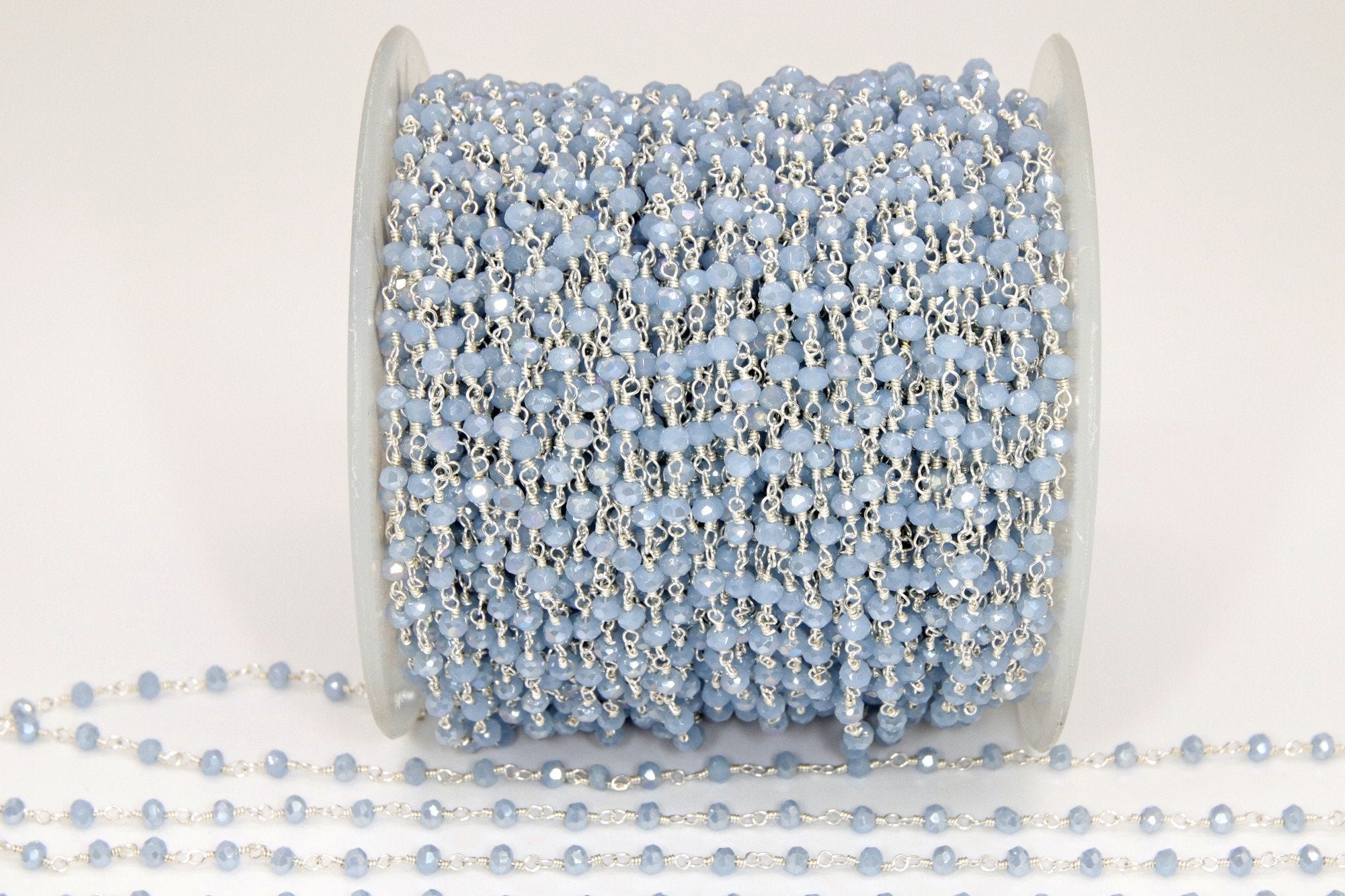 Baby Blue Chalcedony AB Rosary Gold Chain, Black or Silver Wire Wrapped Chains CH #325, 4 mm Beaded Unfinished