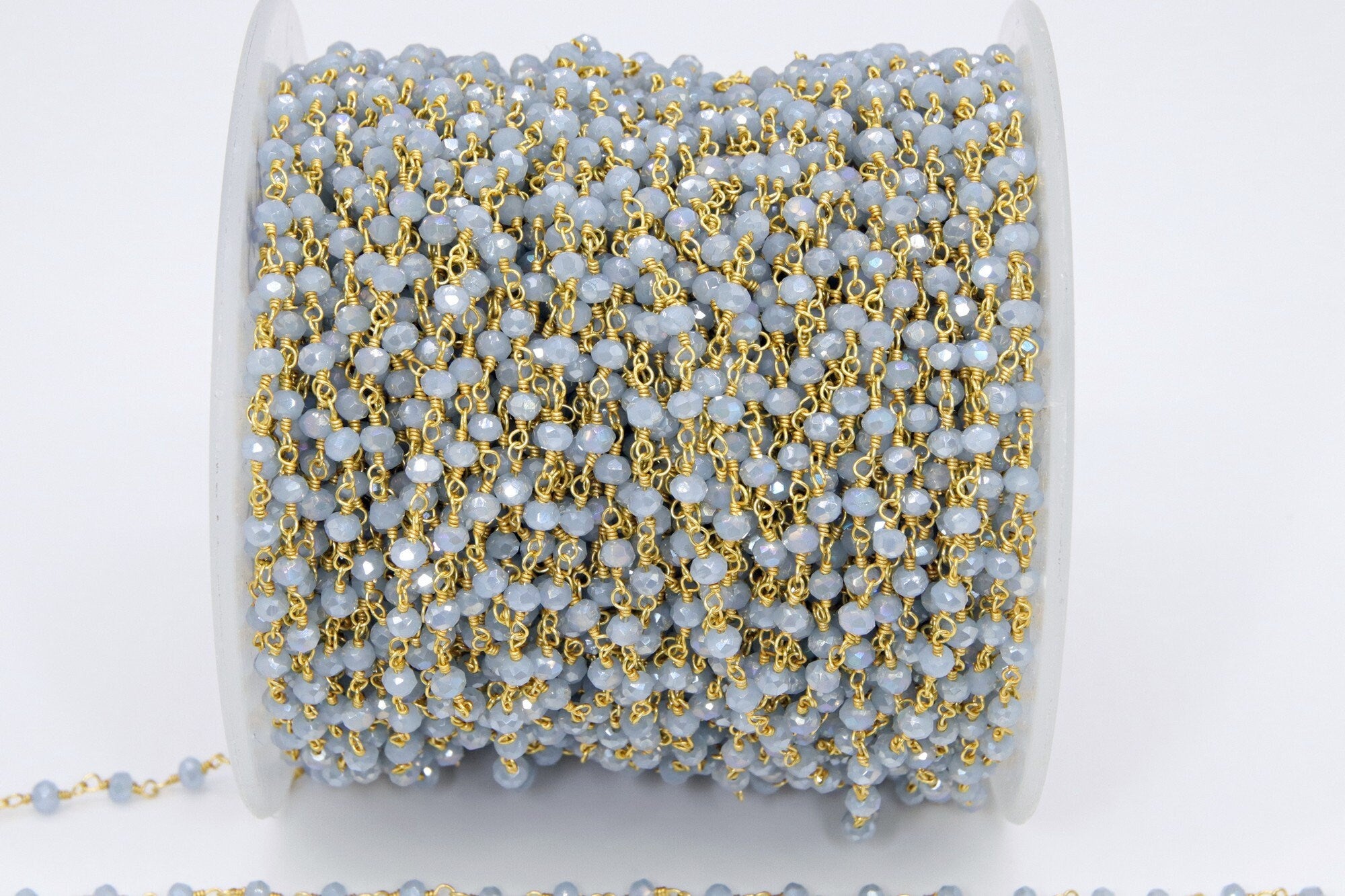 Baby Blue Chalcedony AB Rosary Gold Chain, Black or Silver Wire Wrapped Chains CH #325, 4 mm Beaded Unfinished