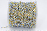 Baby Blue Chalcedony AB Rosary Gold Chain, Black or Silver Wire Wrapped Chains CH #325, 4 mm Beaded Unfinished
