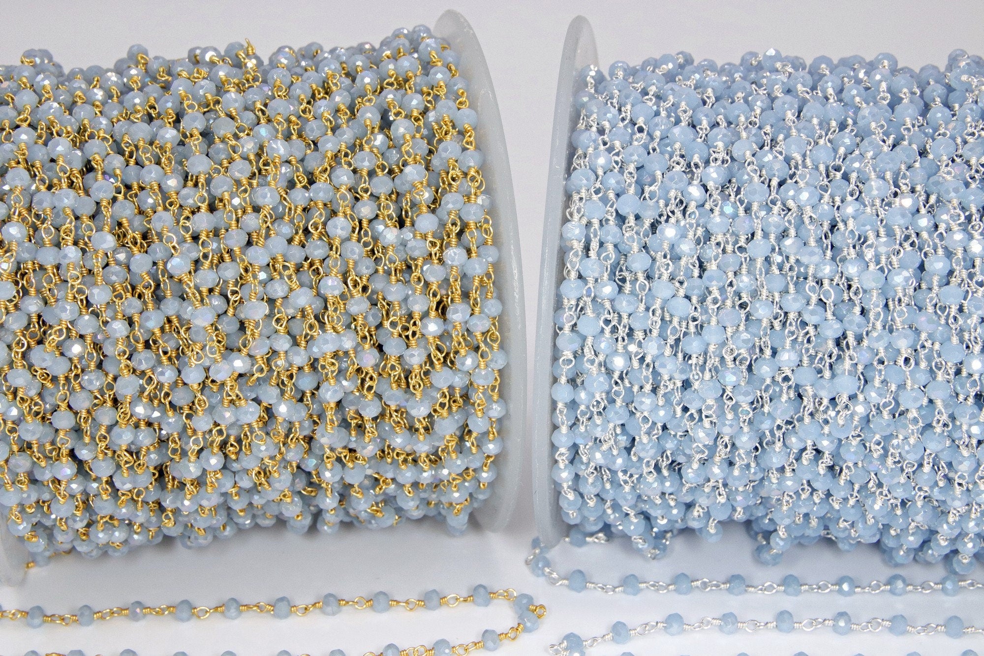 Baby Blue Chalcedony AB Rosary Gold Chain, Black or Silver Wire Wrapped Chains CH #325, 4 mm Beaded Unfinished