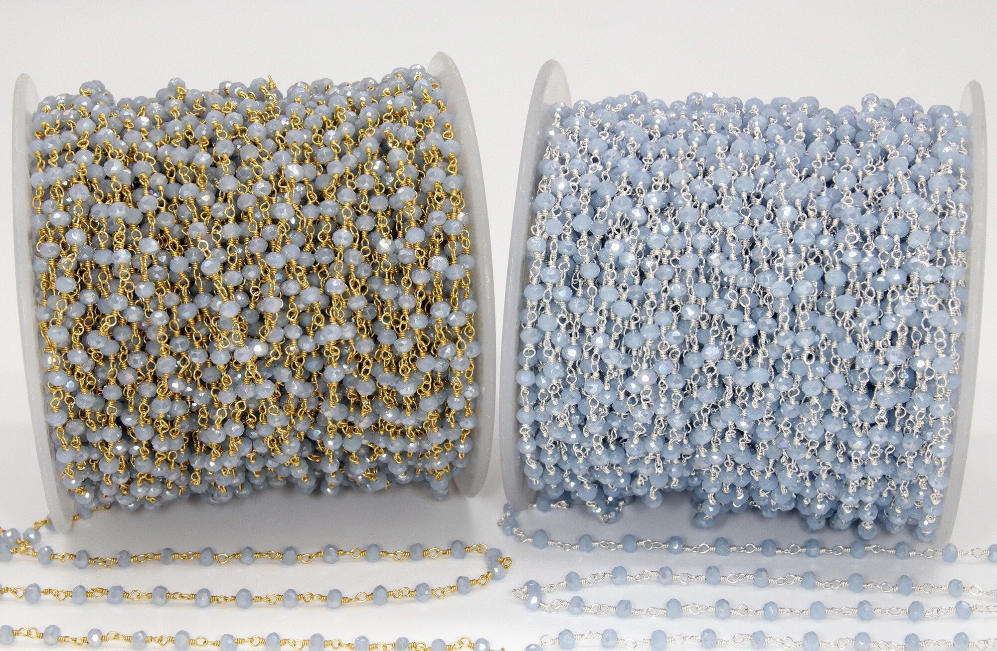Baby Blue Chalcedony AB Rosary Gold Chain, Black or Silver Wire Wrapped Chains CH #325, 4 mm Beaded Unfinished