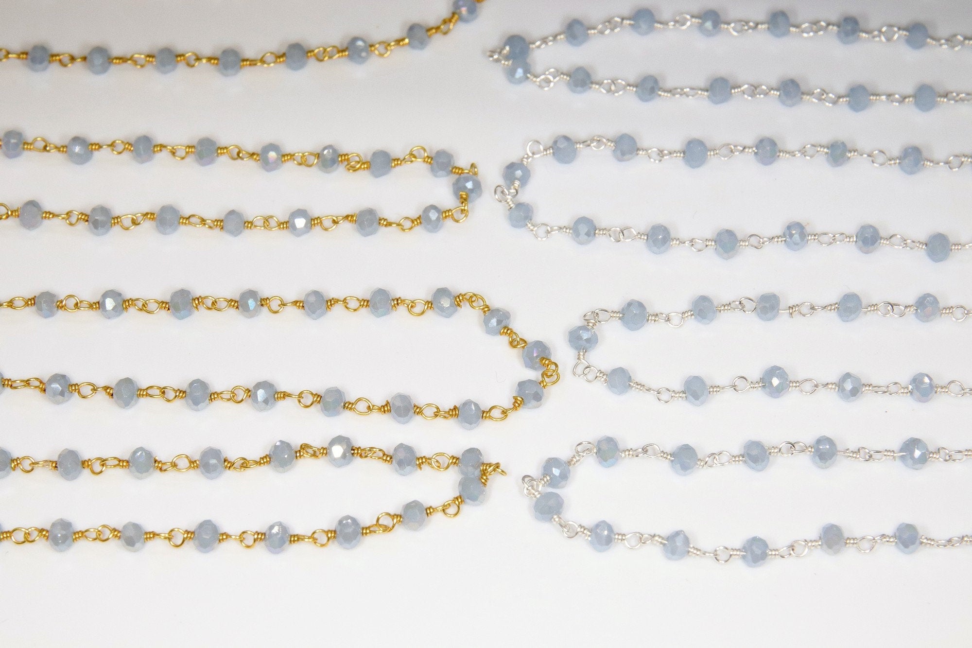 Baby Blue Chalcedony AB Rosary Gold Chain, Black or Silver Wire Wrapped Chains CH #325, 4 mm Beaded Unfinished