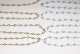 Baby Blue Chalcedony AB Rosary Gold Chain, Black or Silver Wire Wrapped Chains CH #325, 4 mm Beaded Unfinished