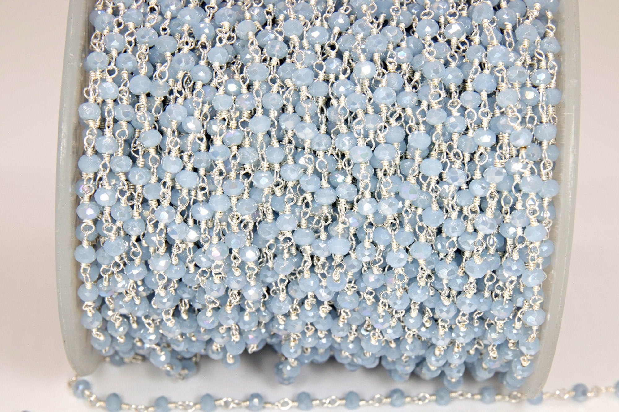 Baby Blue Chalcedony AB Rosary Gold Chain, Black or Silver Wire Wrapped Chains CH #325, 4 mm Beaded Unfinished