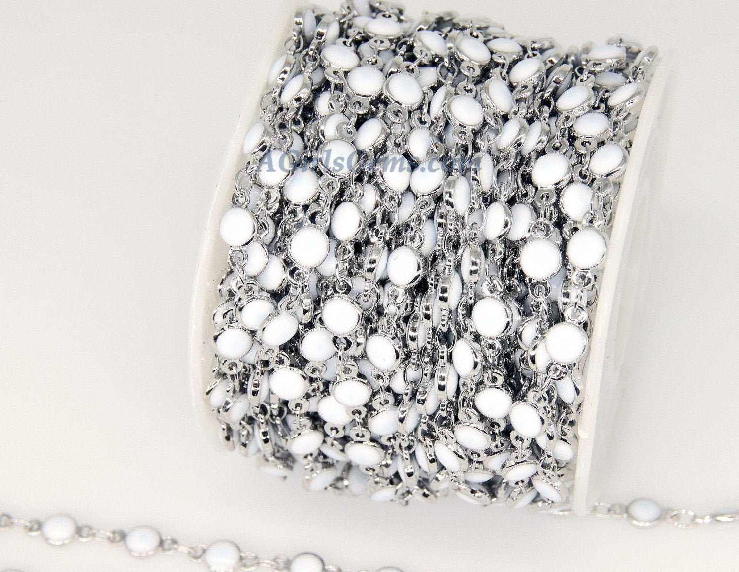 White Shell Rosary Chain, Silver Beaded Rosary Chain CH #236, Flat Beads in 4 mm or 6 mm